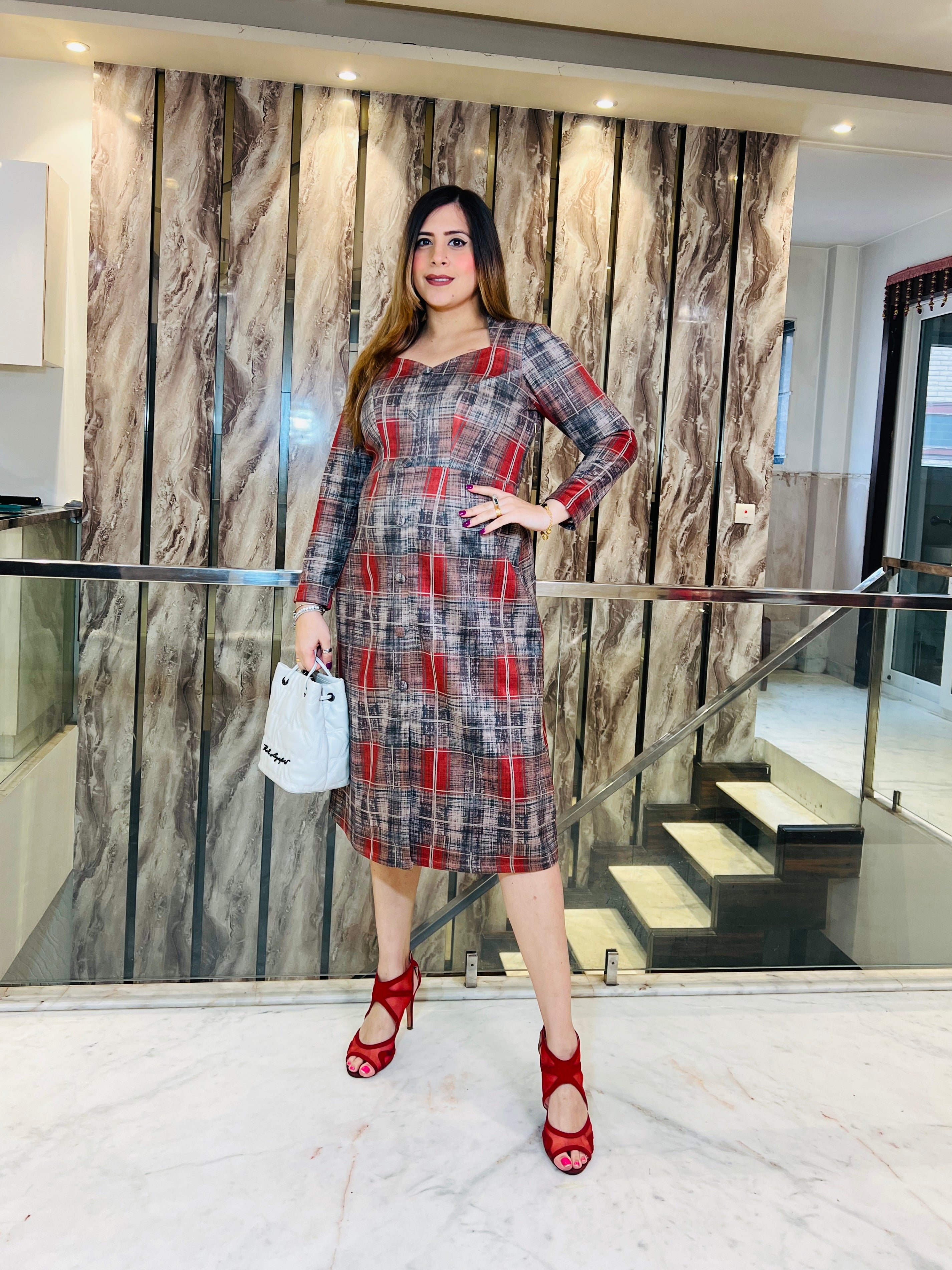 Red Checks Suede Midi Dress