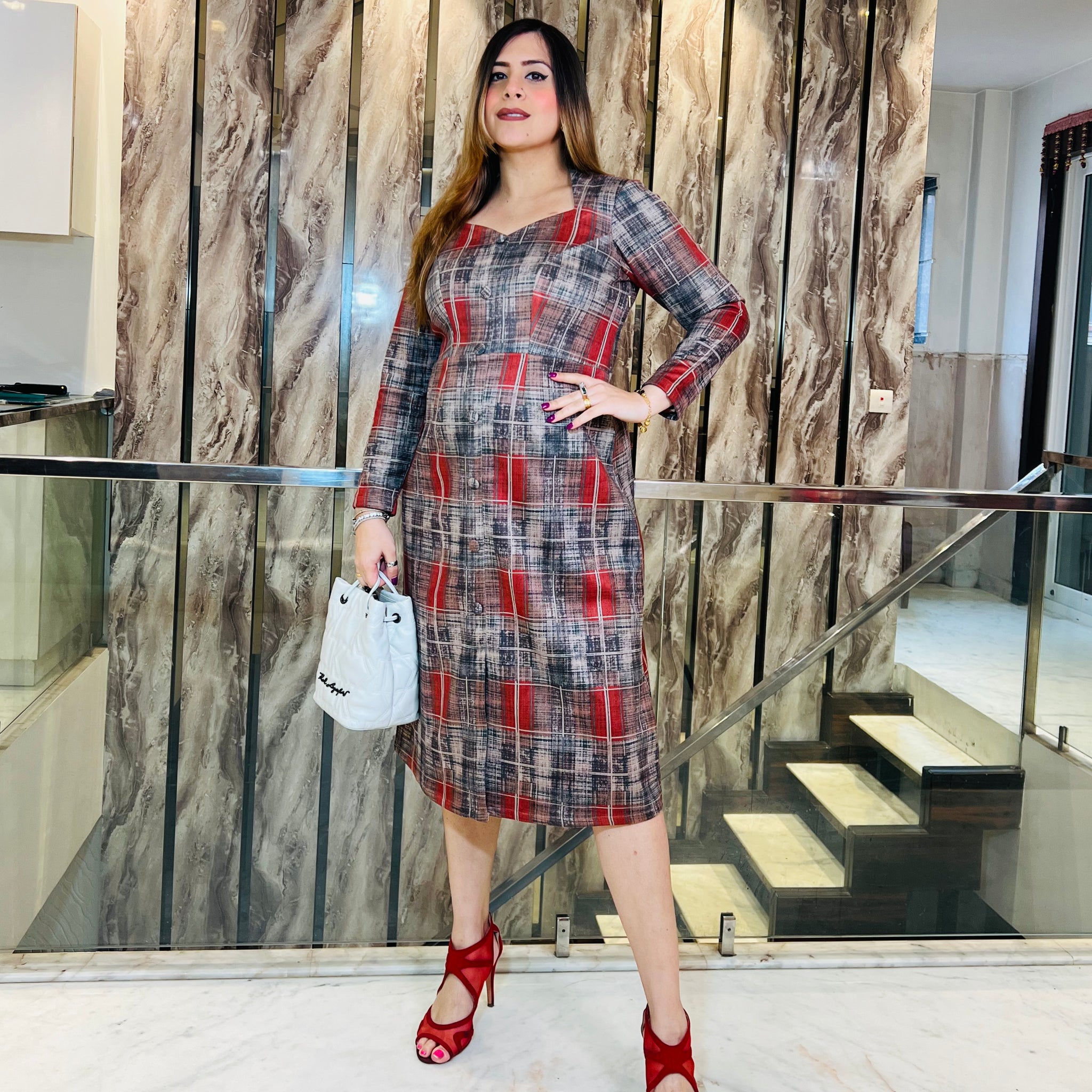 Red Checks Suede Midi Dress