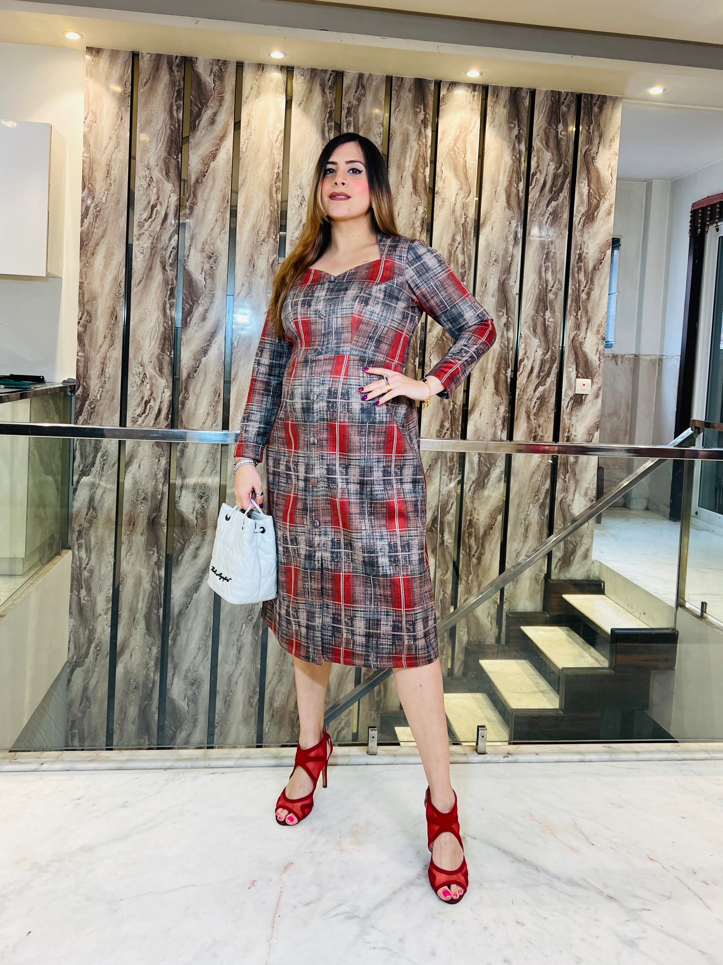 Red Checks Suede Midi Dress