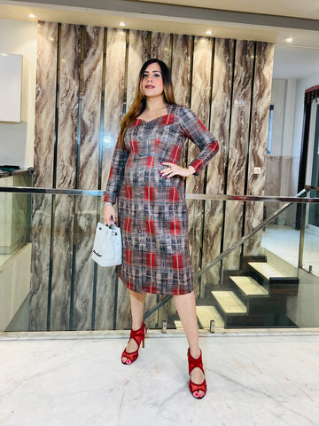 Red Checks Suede Midi Dress