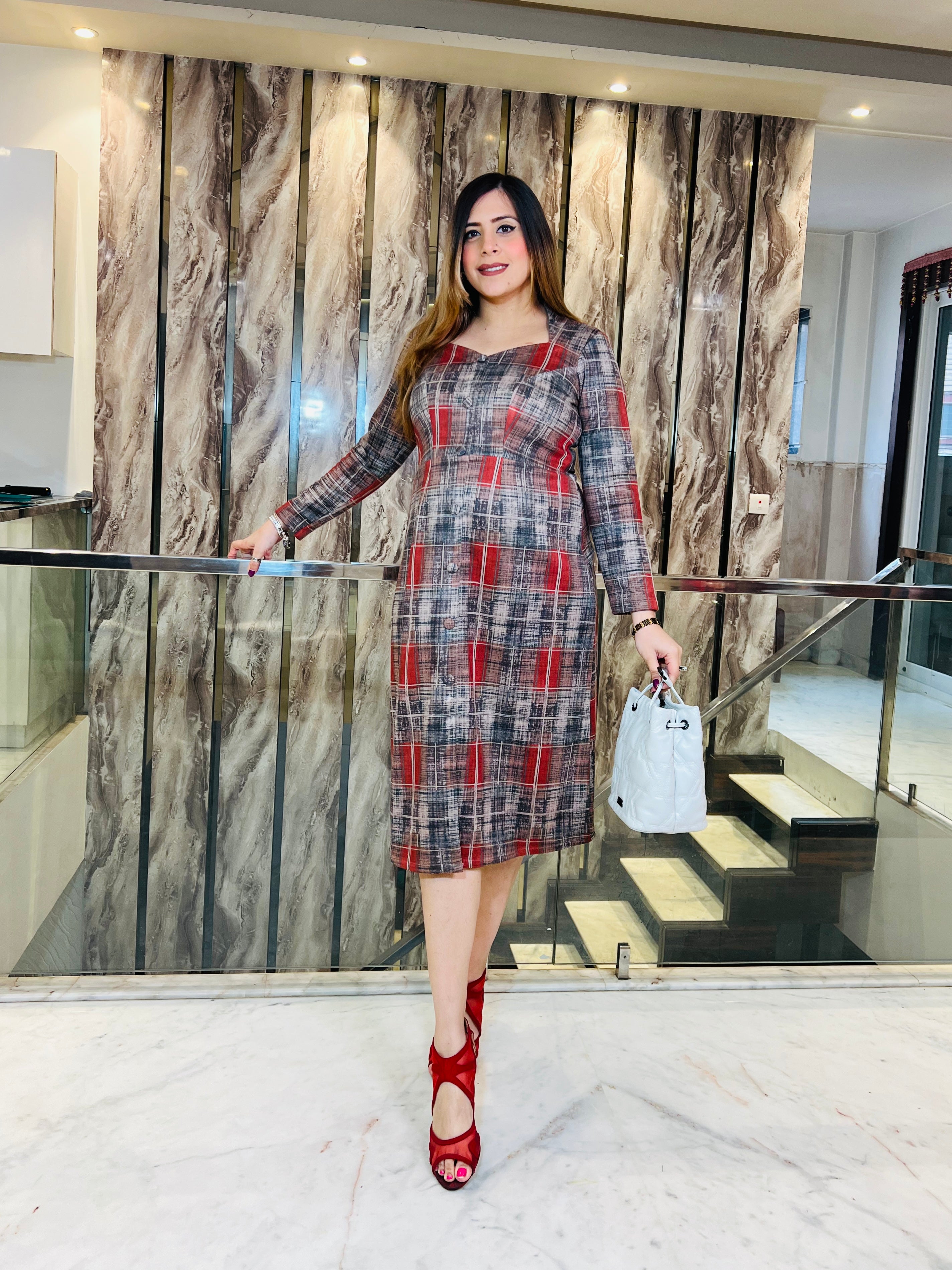 Red Checks Suede Midi Dress