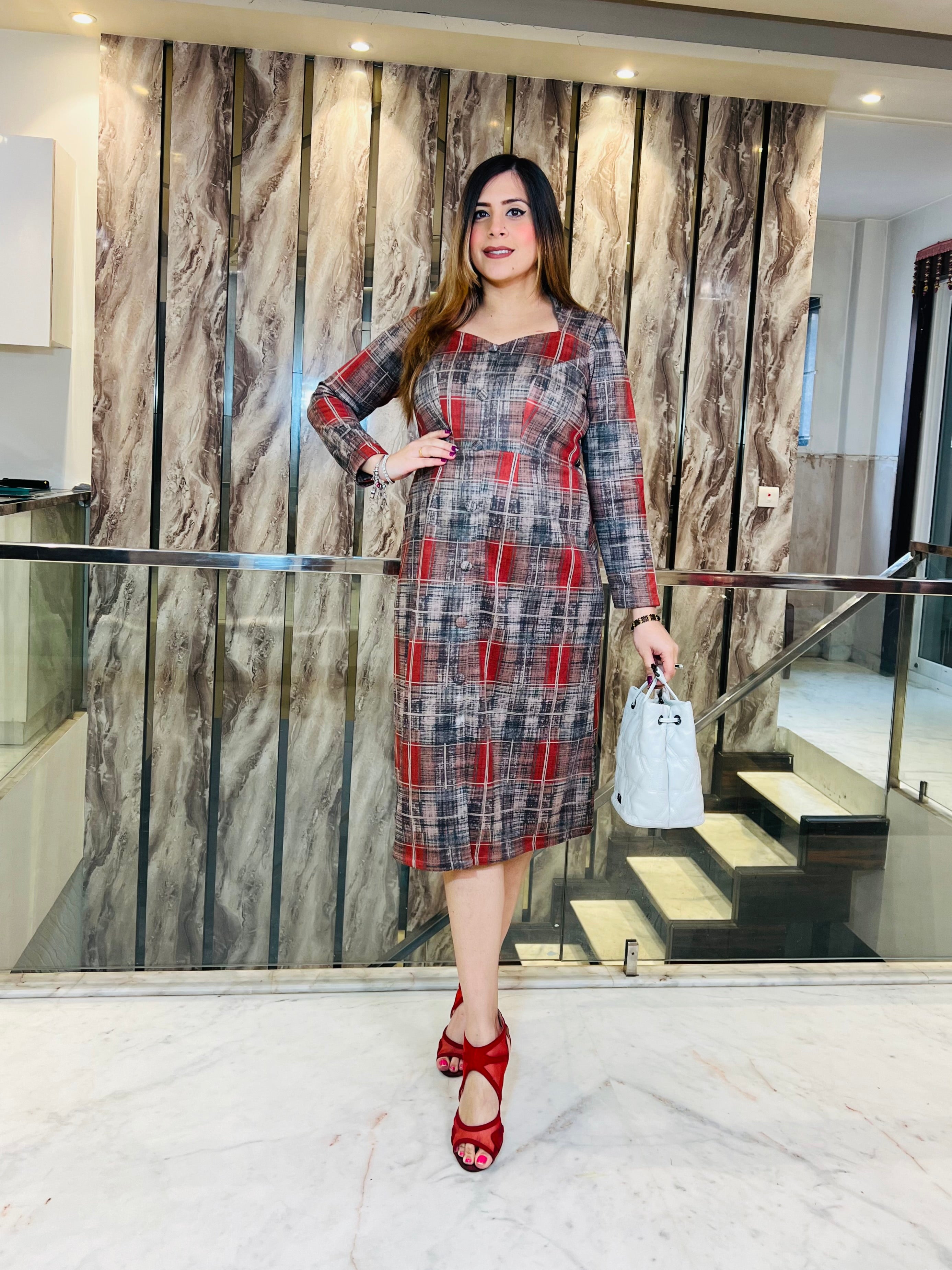 Red Checks Suede Midi Dress