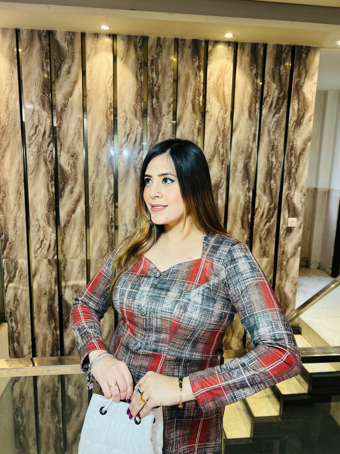 Red Checks Suede Midi Dress