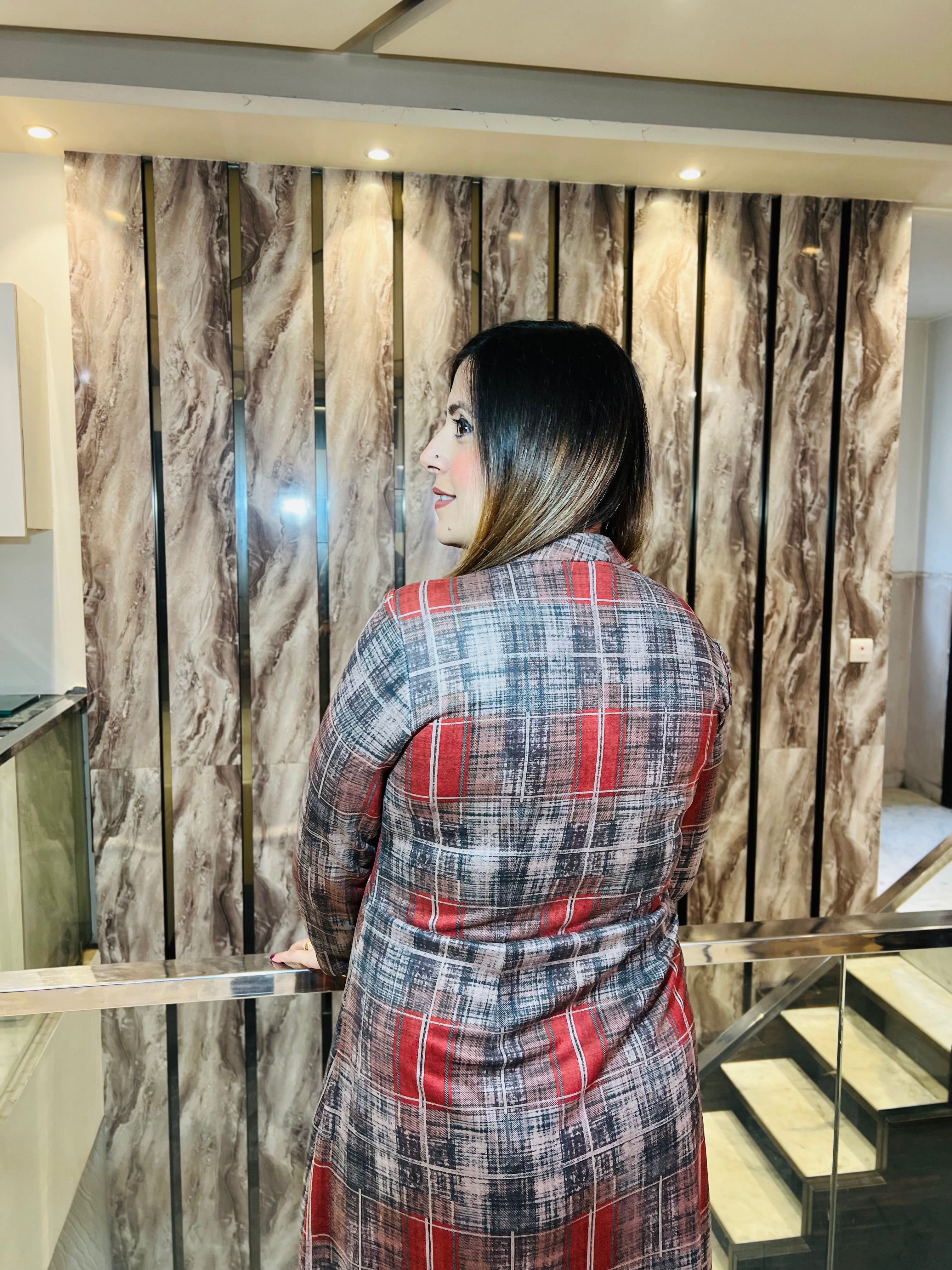 Red Checks Suede Midi Dress