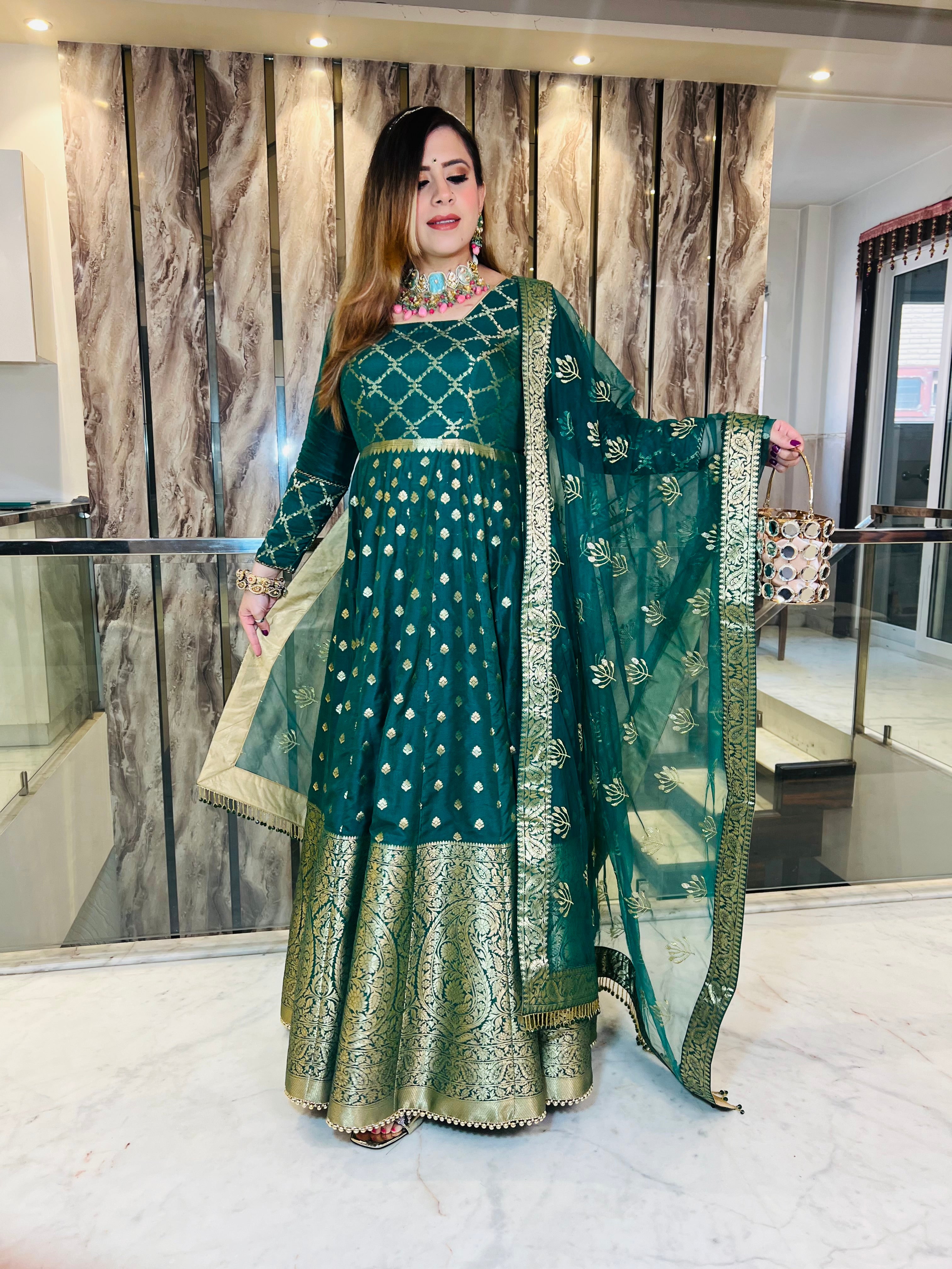 Bottle Green Banarasi Anarkali