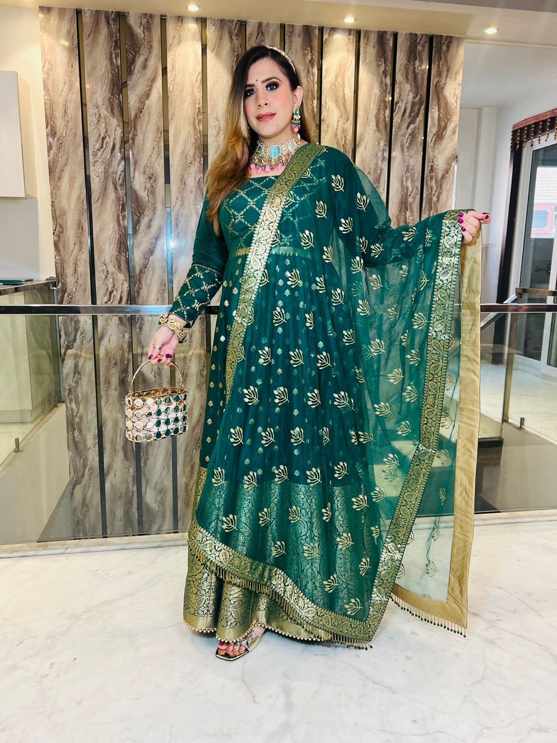 Bottle Green Banarasi Anarkali