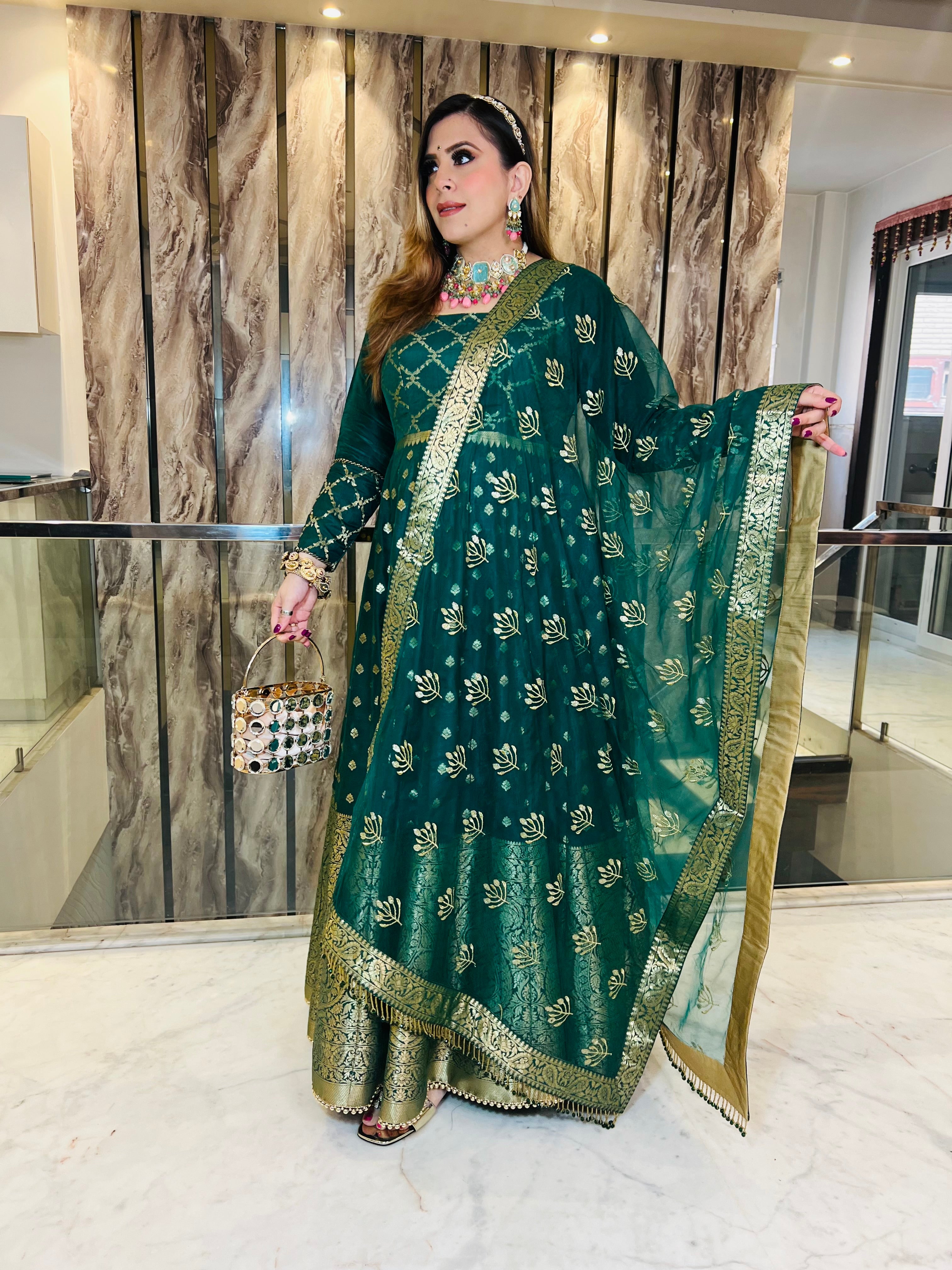Bottle Green Banarasi Anarkali
