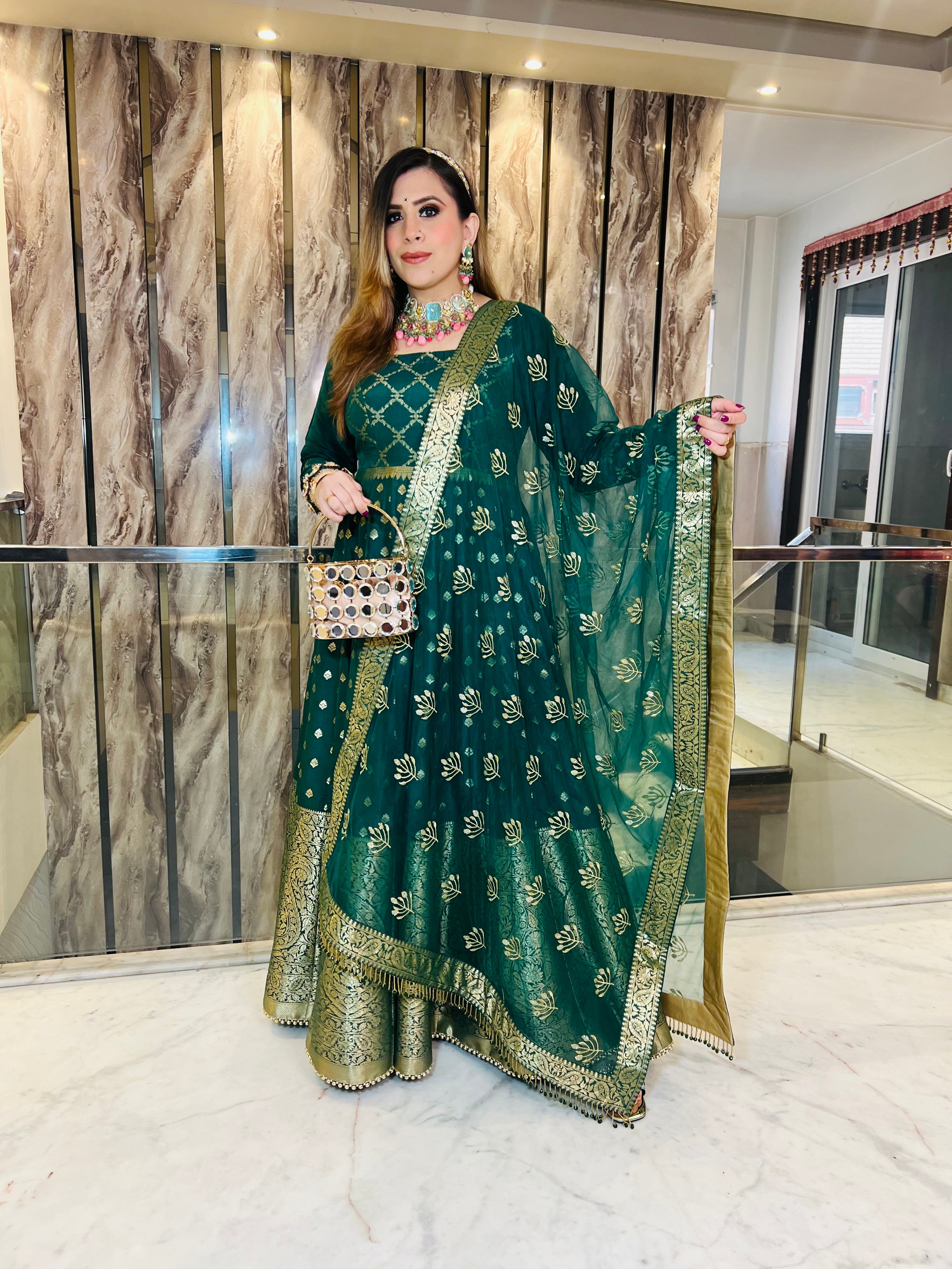 Bottle Green Banarasi Anarkali