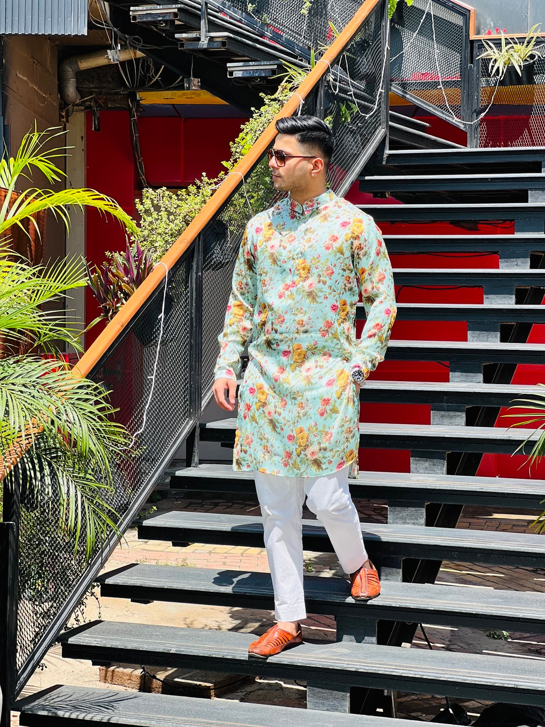 Menswear Mint Floral Kurta