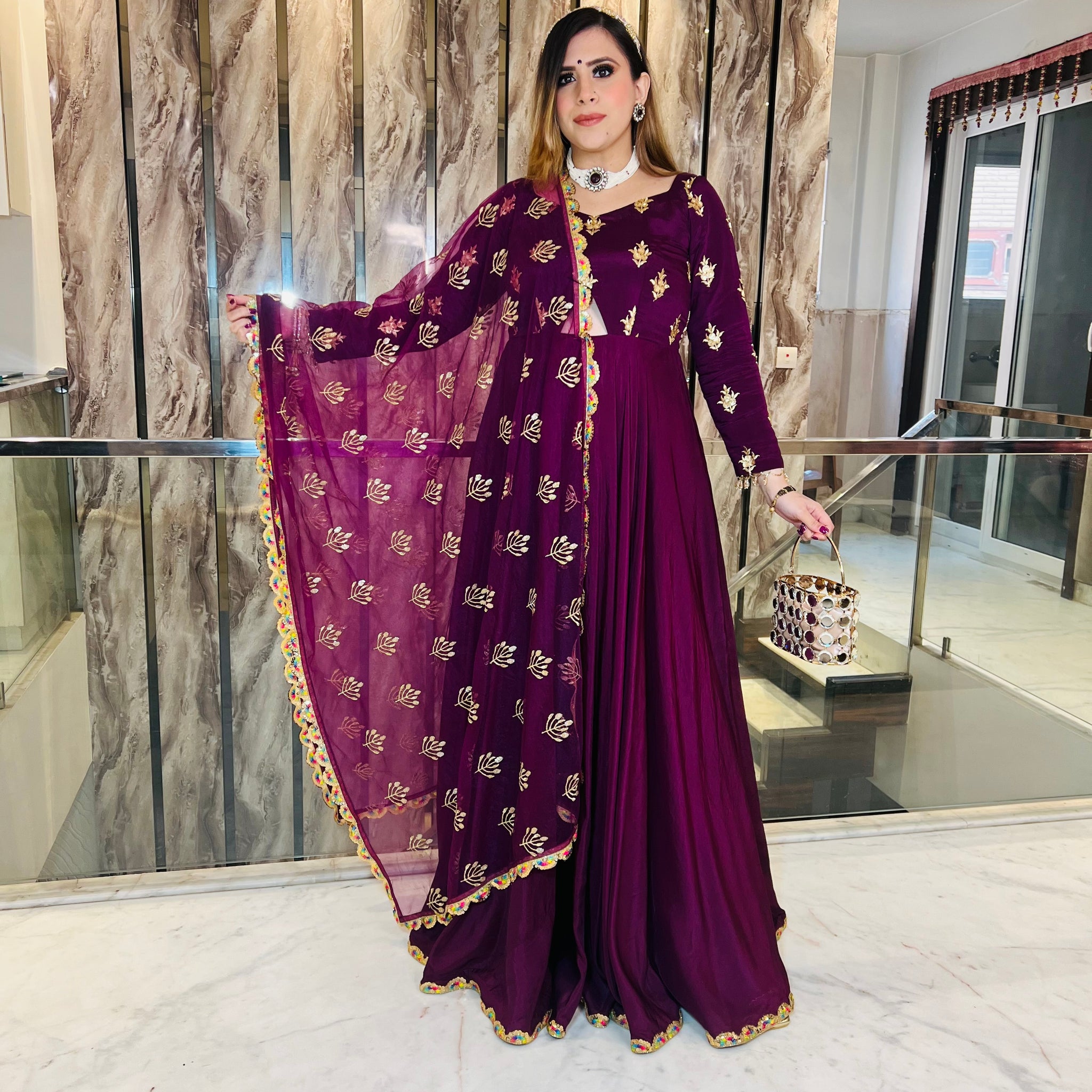 Wine Crepe Anarkali