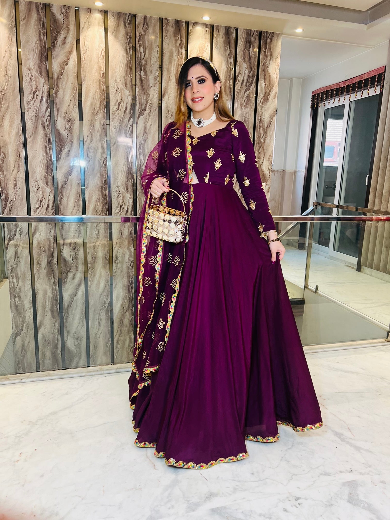 Wine Crepe Anarkali