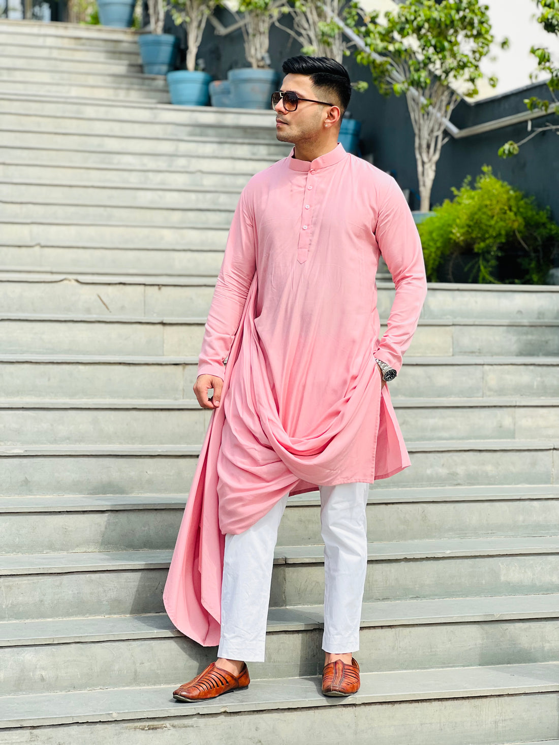 Menswear Blush Pink Drape Kurta
