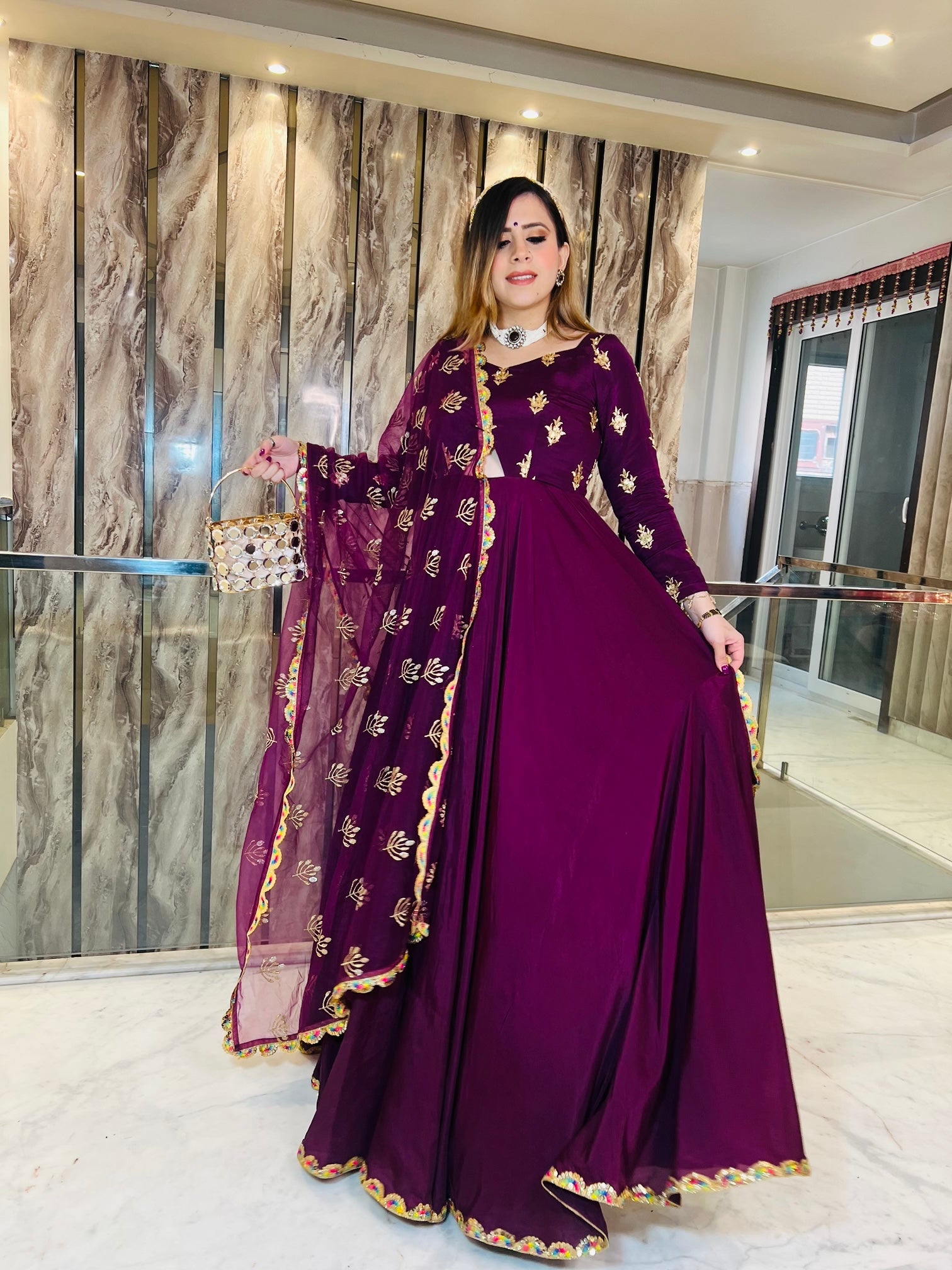 Wine Crepe Anarkali