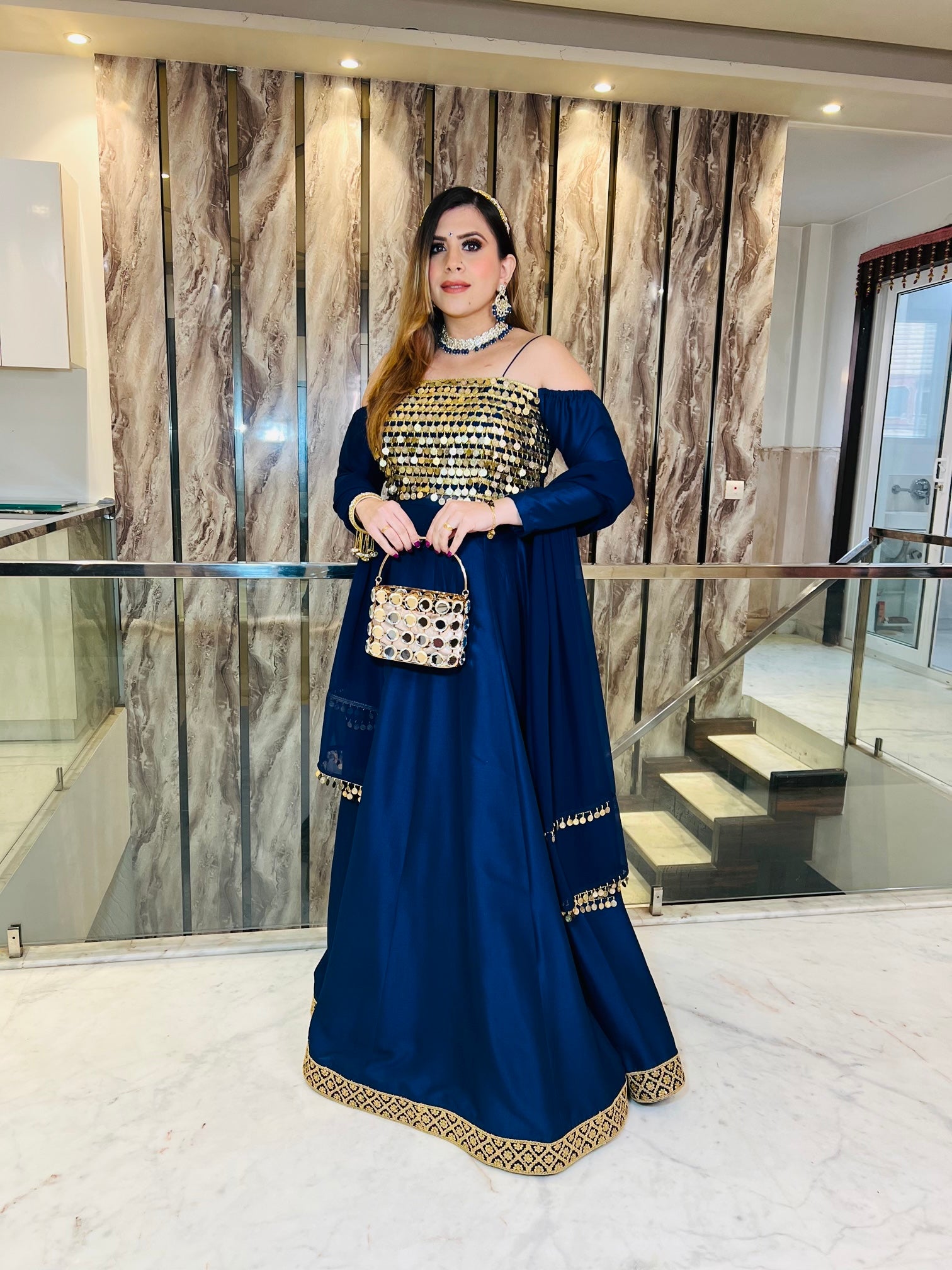 Navy Blue Silk Anarkali