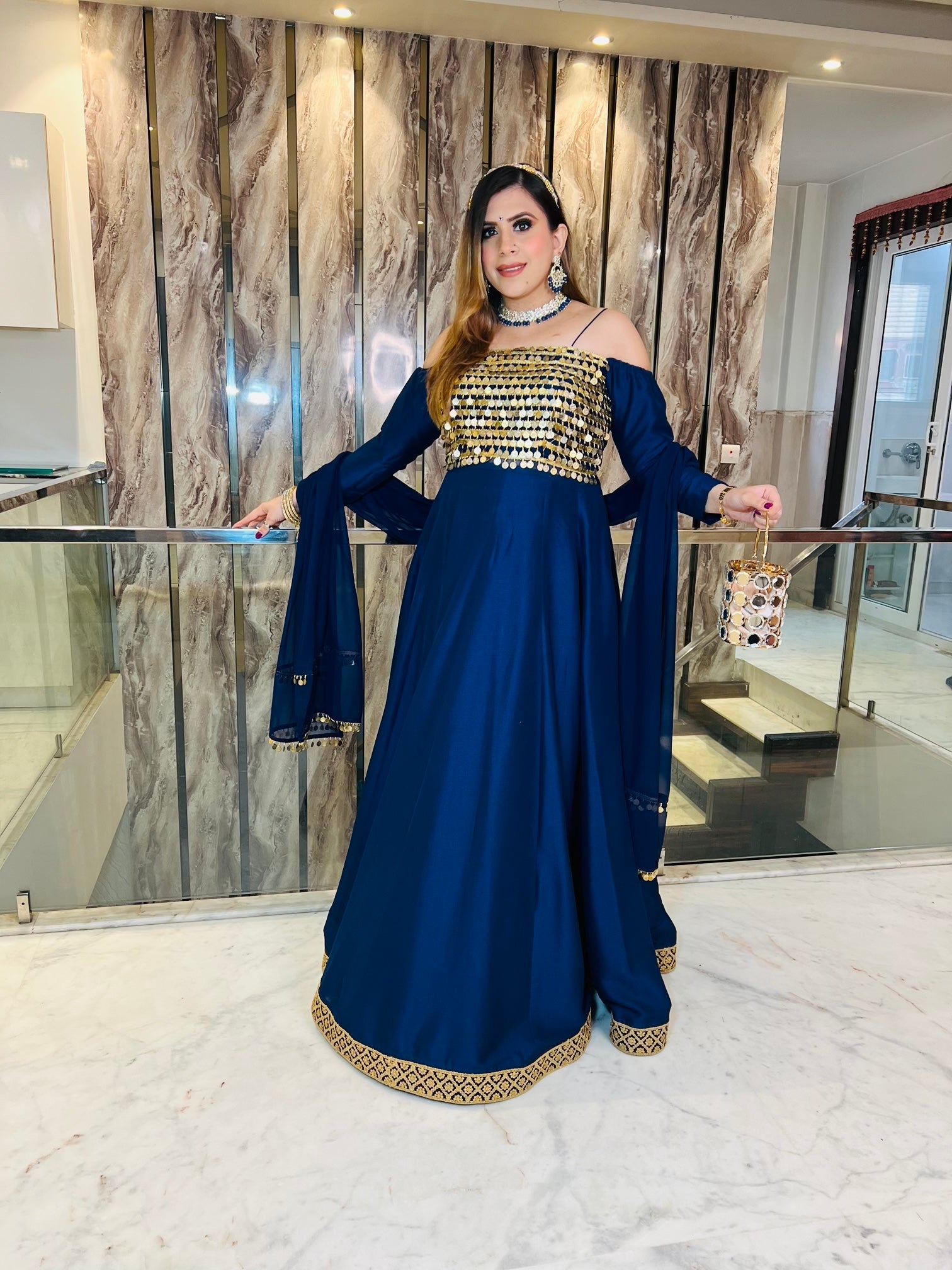 Navy Blue Silk Anarkali