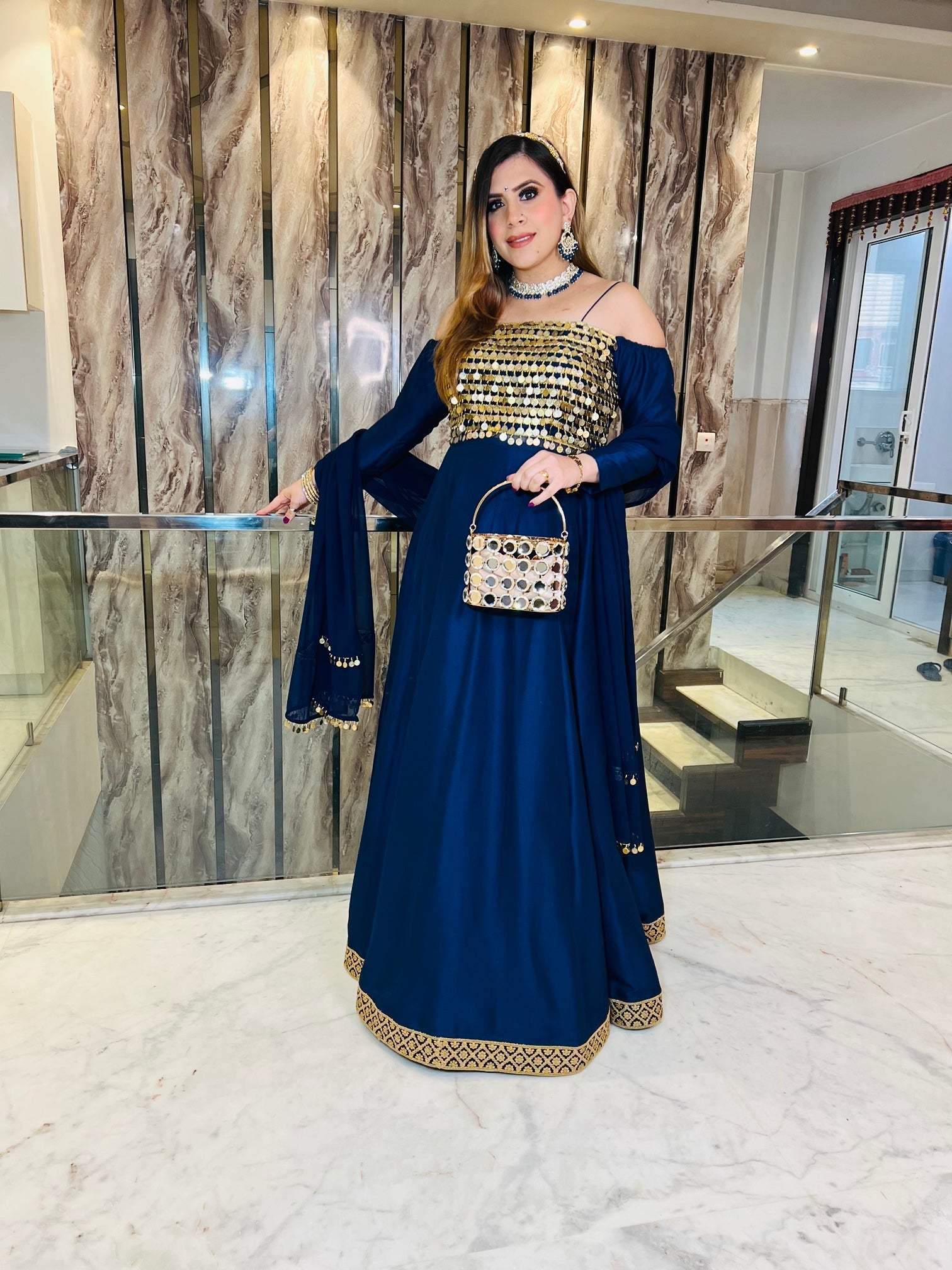 Navy Blue Silk Anarkali