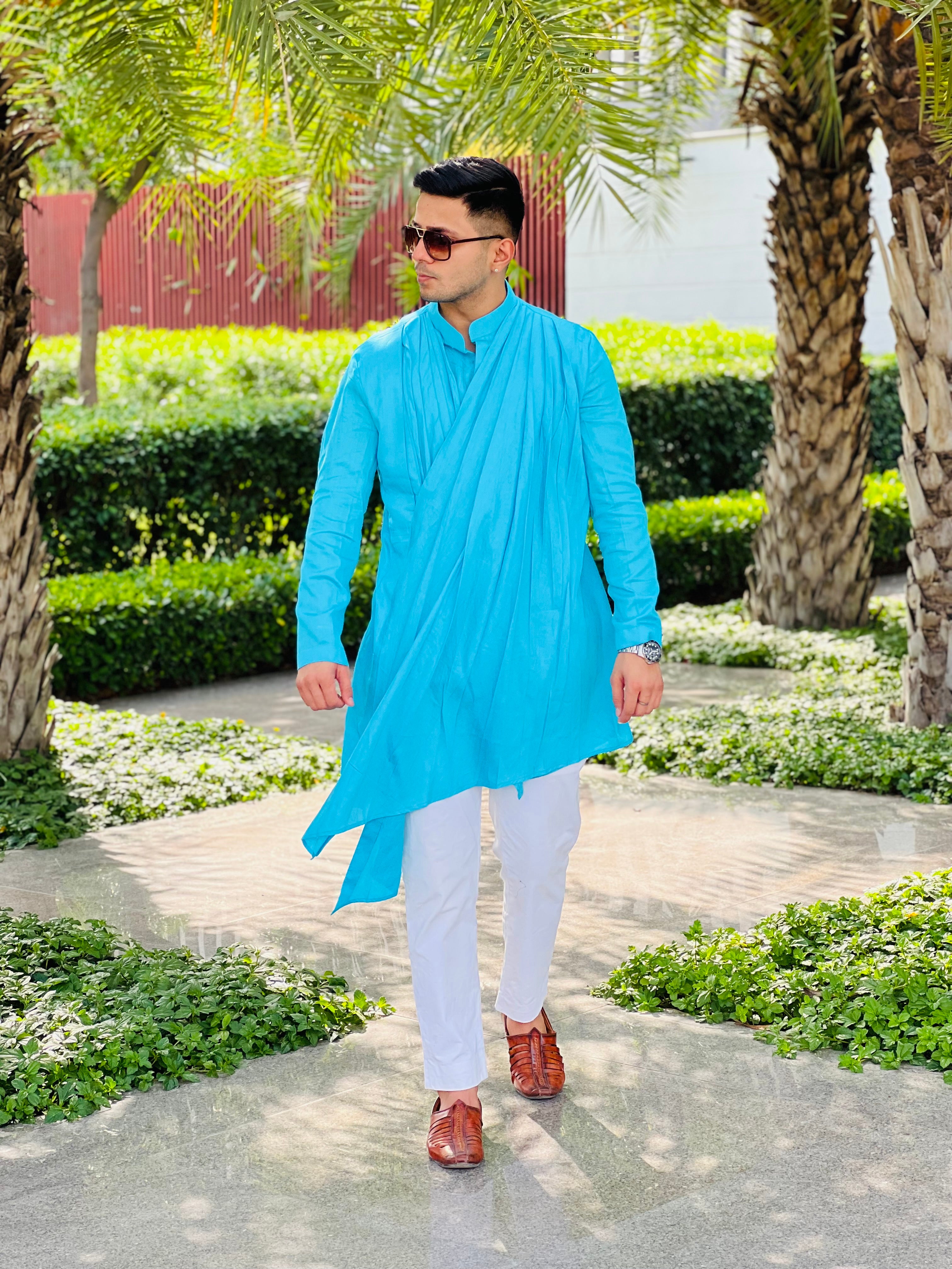 Menswear Turqouise Drape Kurta