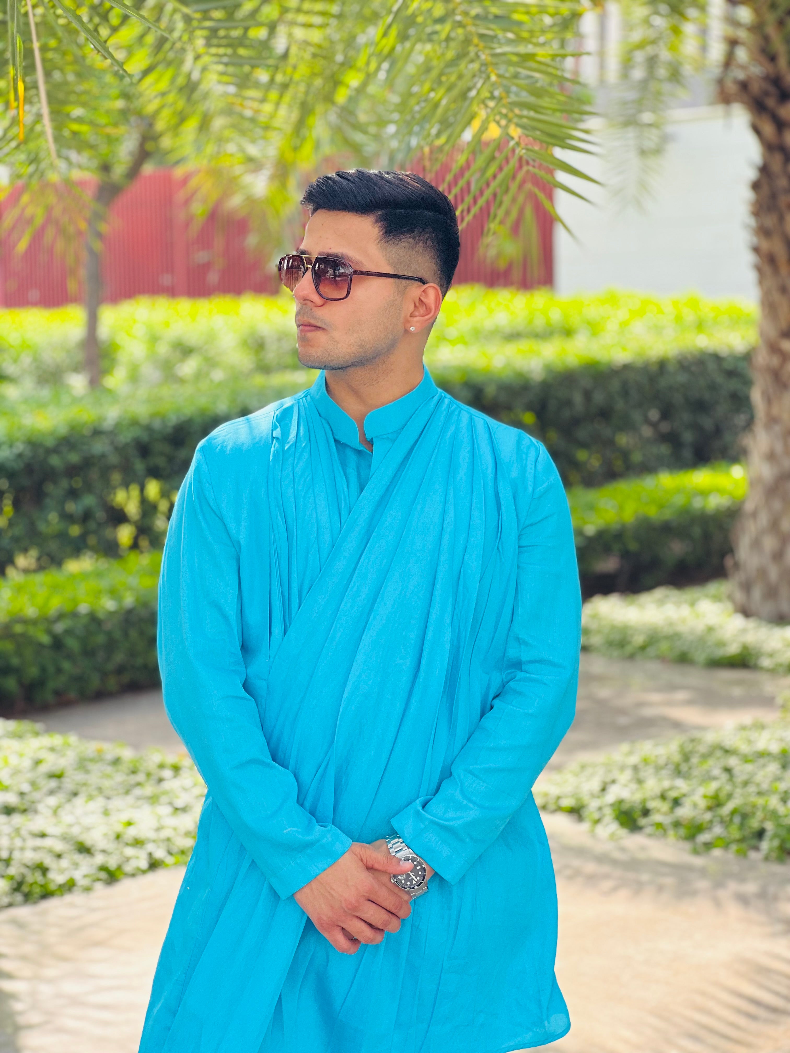 Menswear Turqouise Drape Kurta