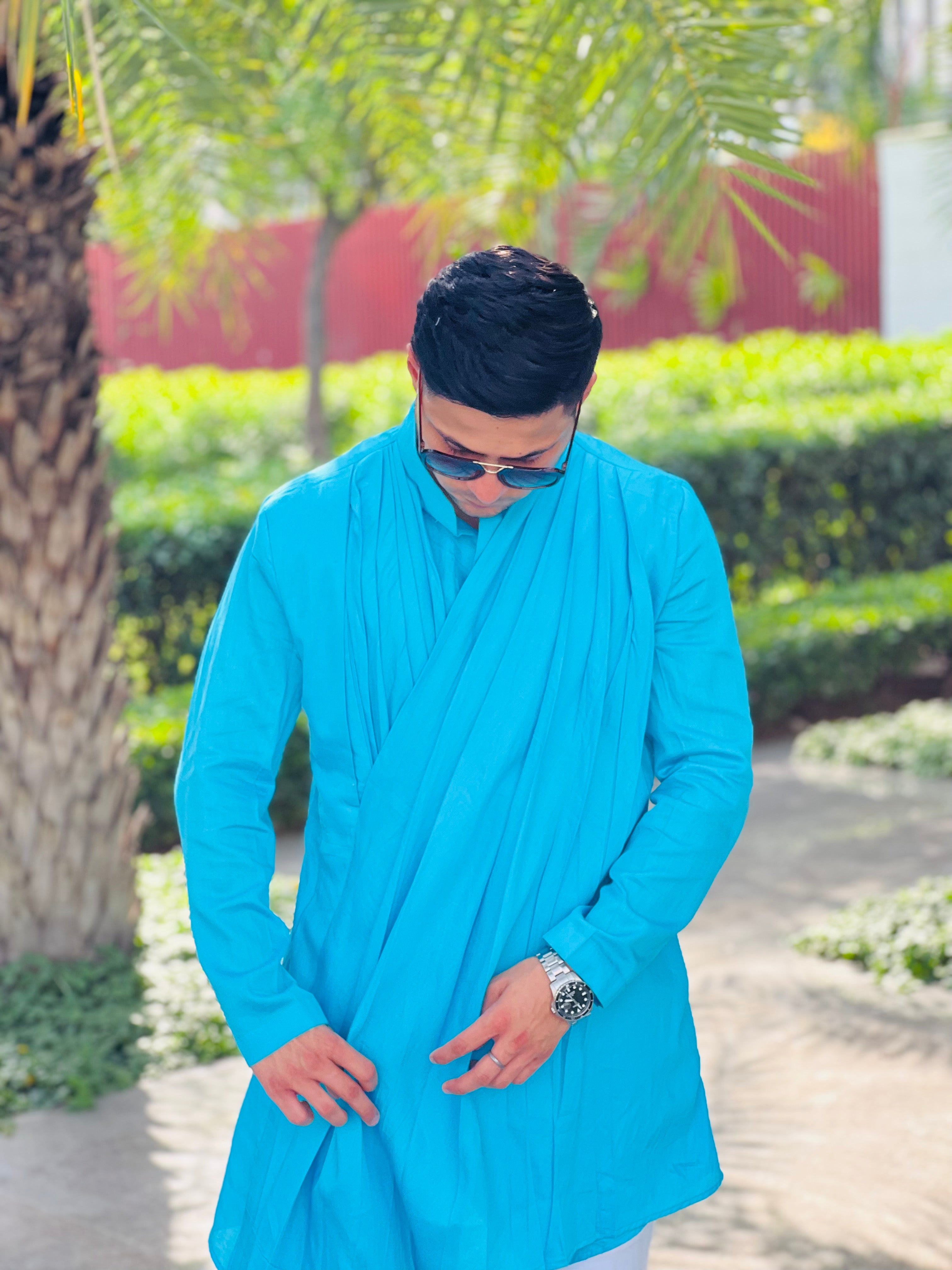 Menswear Turqouise Drape Kurta