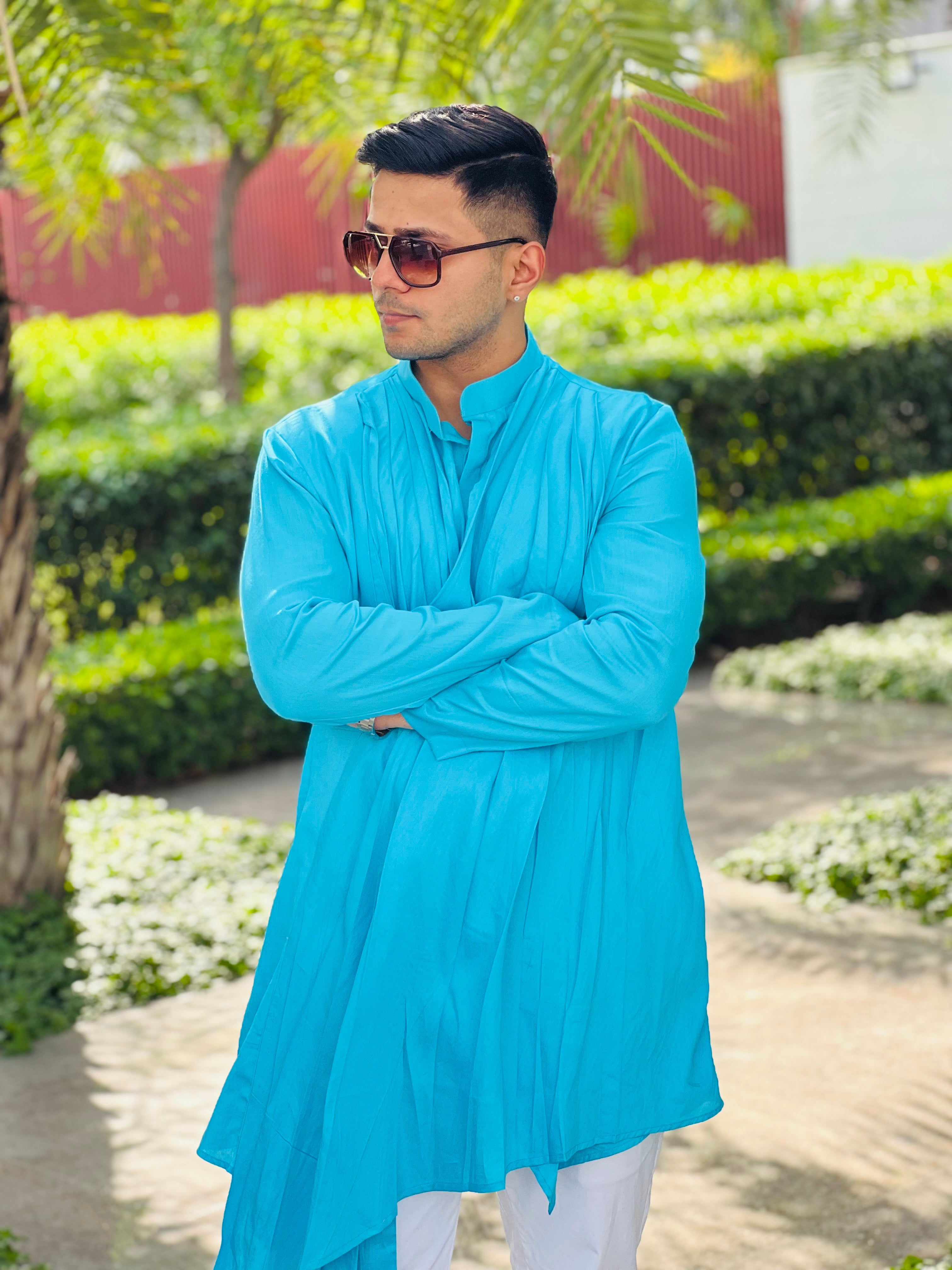 Menswear Turqouise Drape Kurta