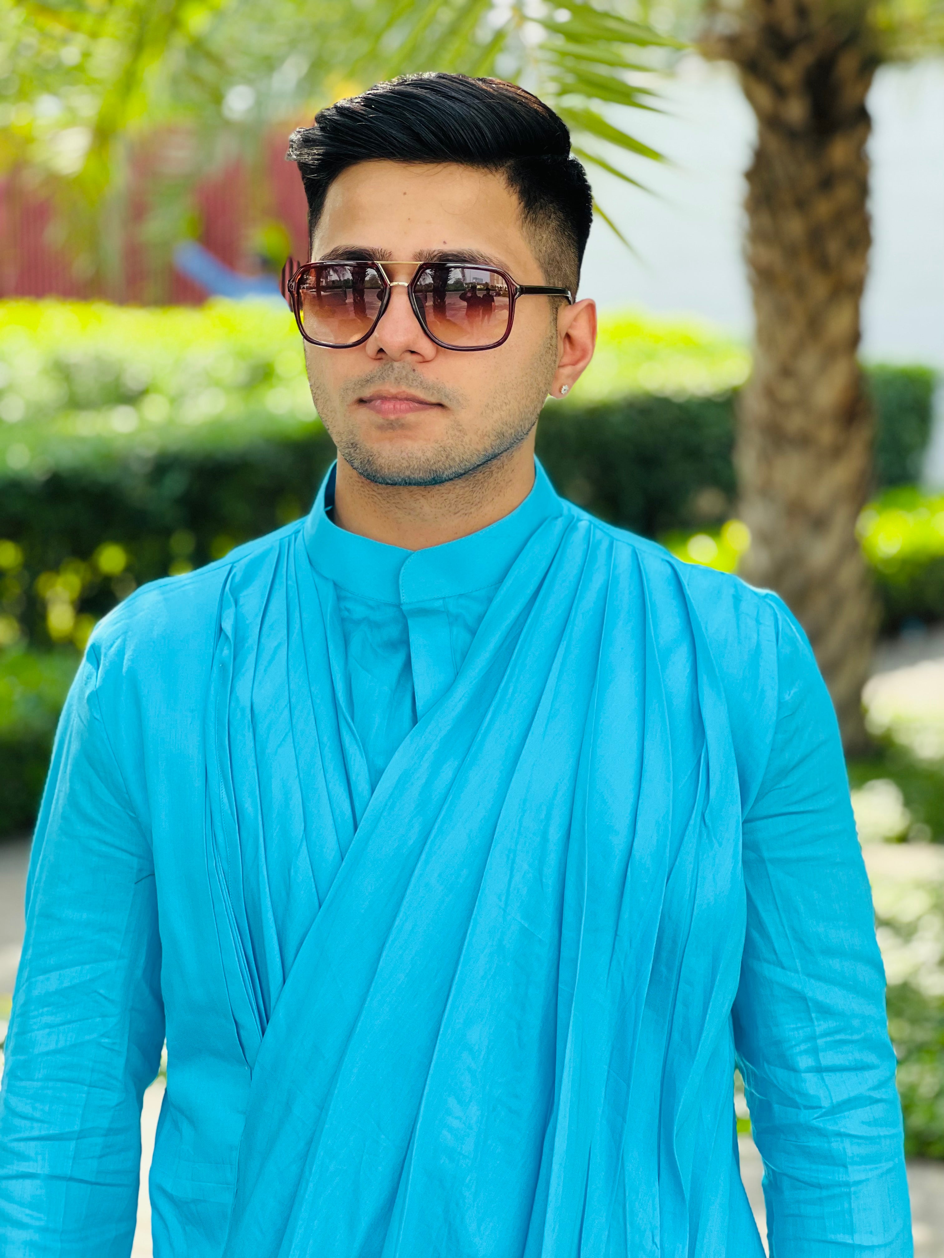 Menswear Turqouise Drape Kurta