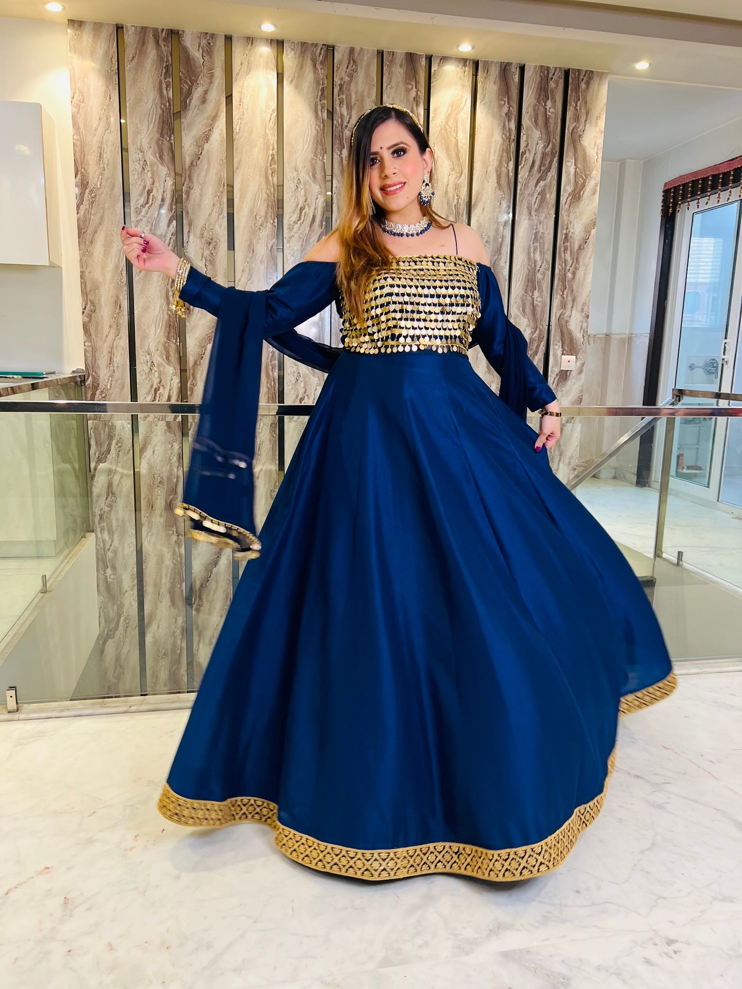 Navy Blue Silk Anarkali