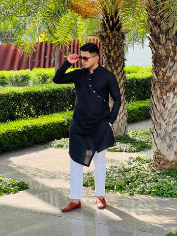 Menswear Black Linen Kurta