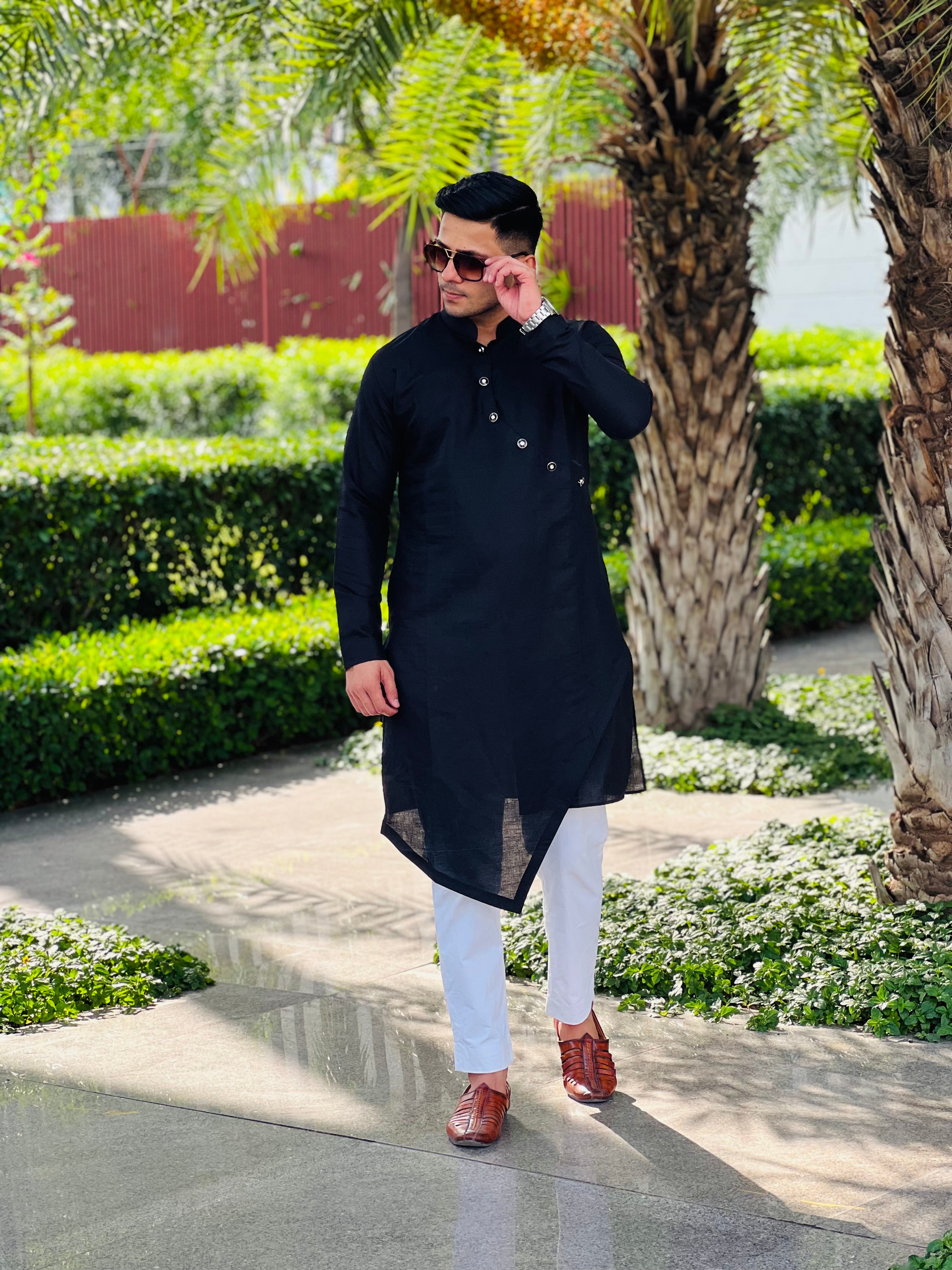 Menswear Black Linen Kurta