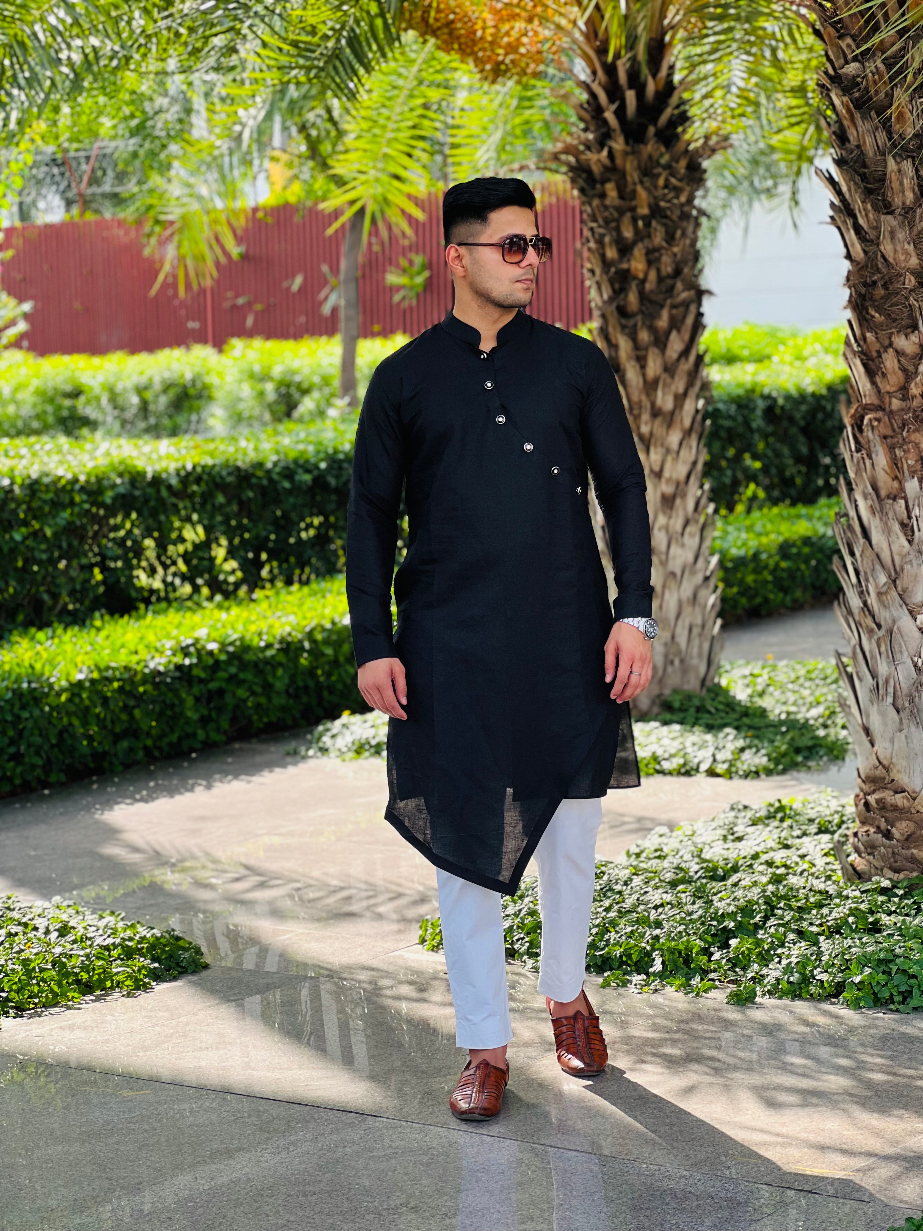 Menswear Black Linen Kurta