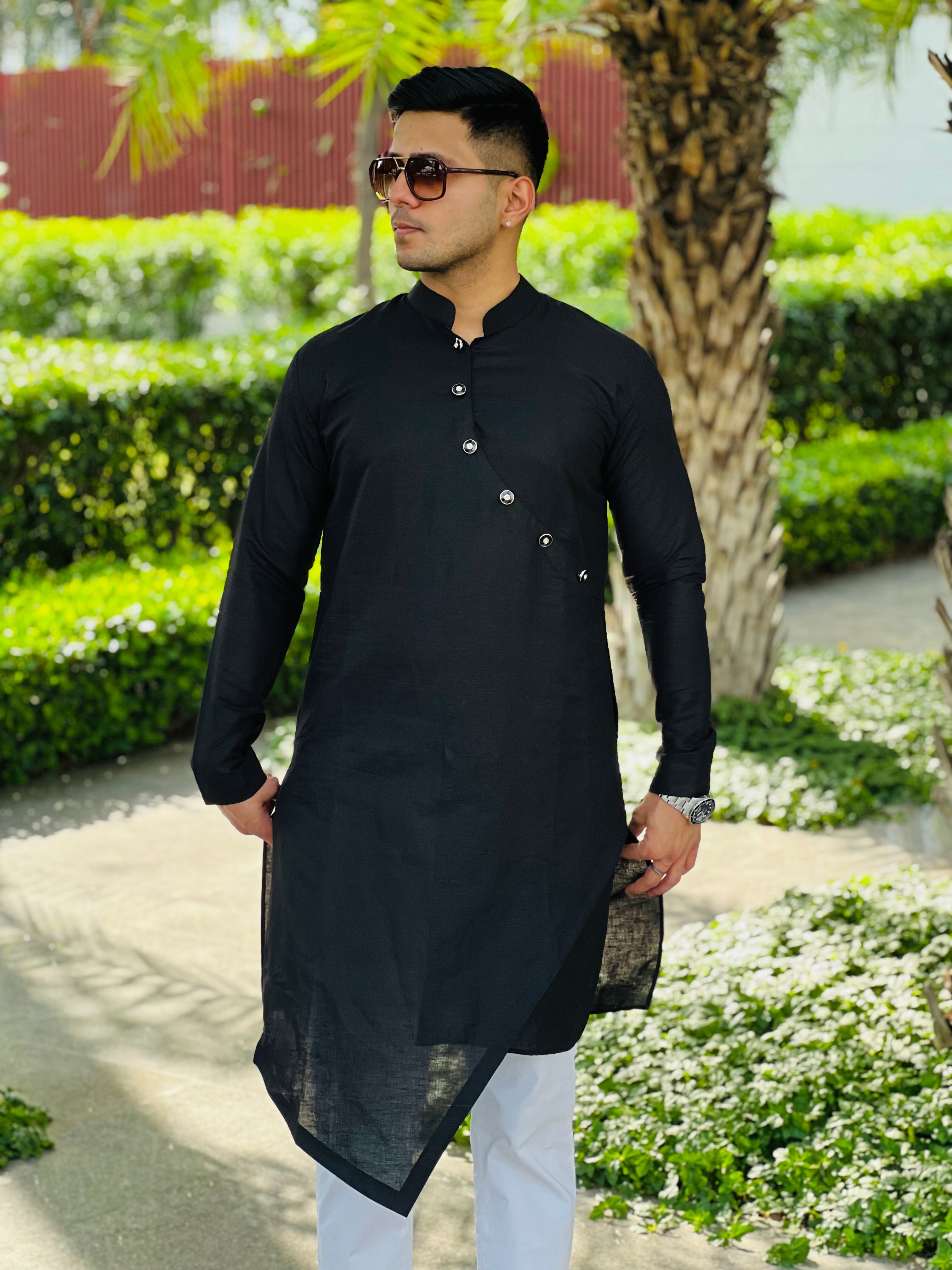 Menswear Black Linen Kurta