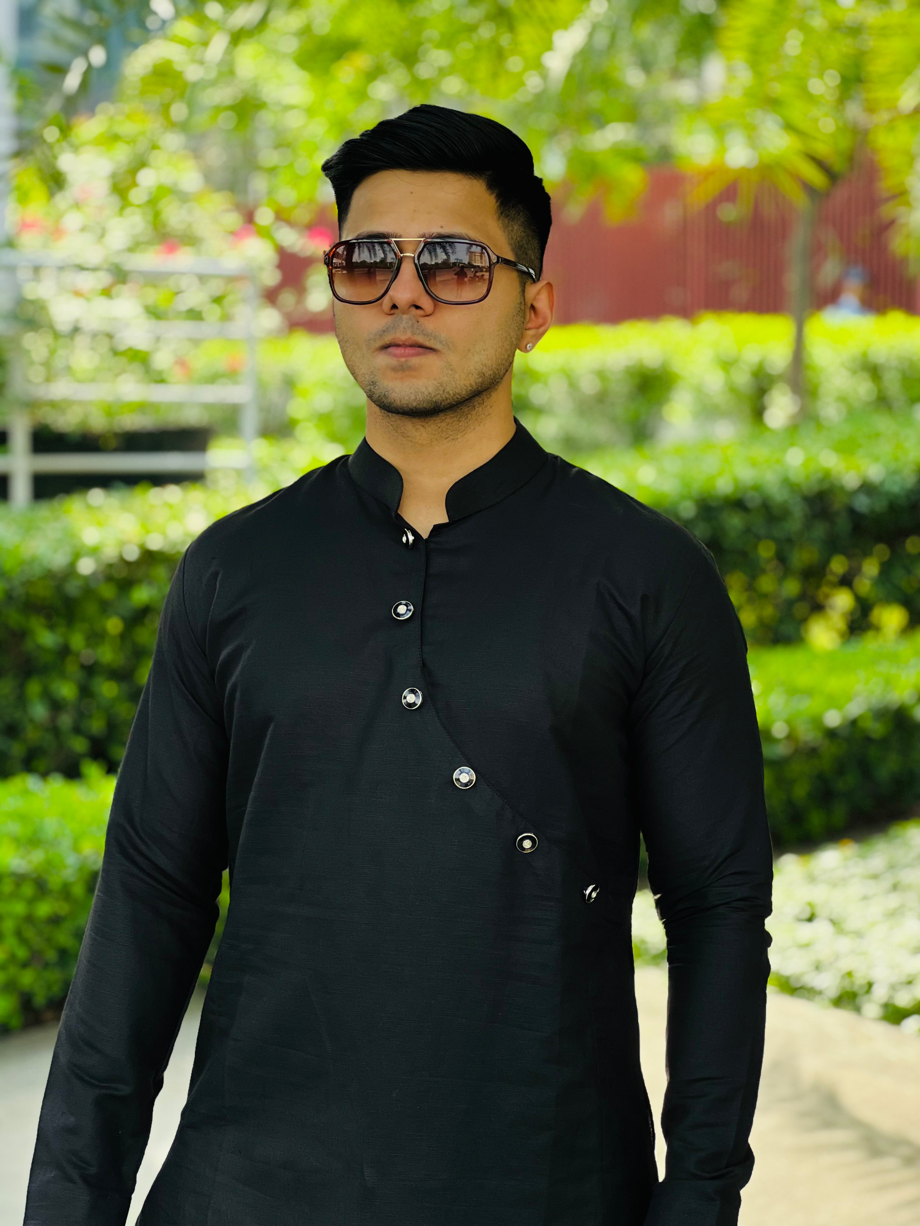 Menswear Black Linen Kurta