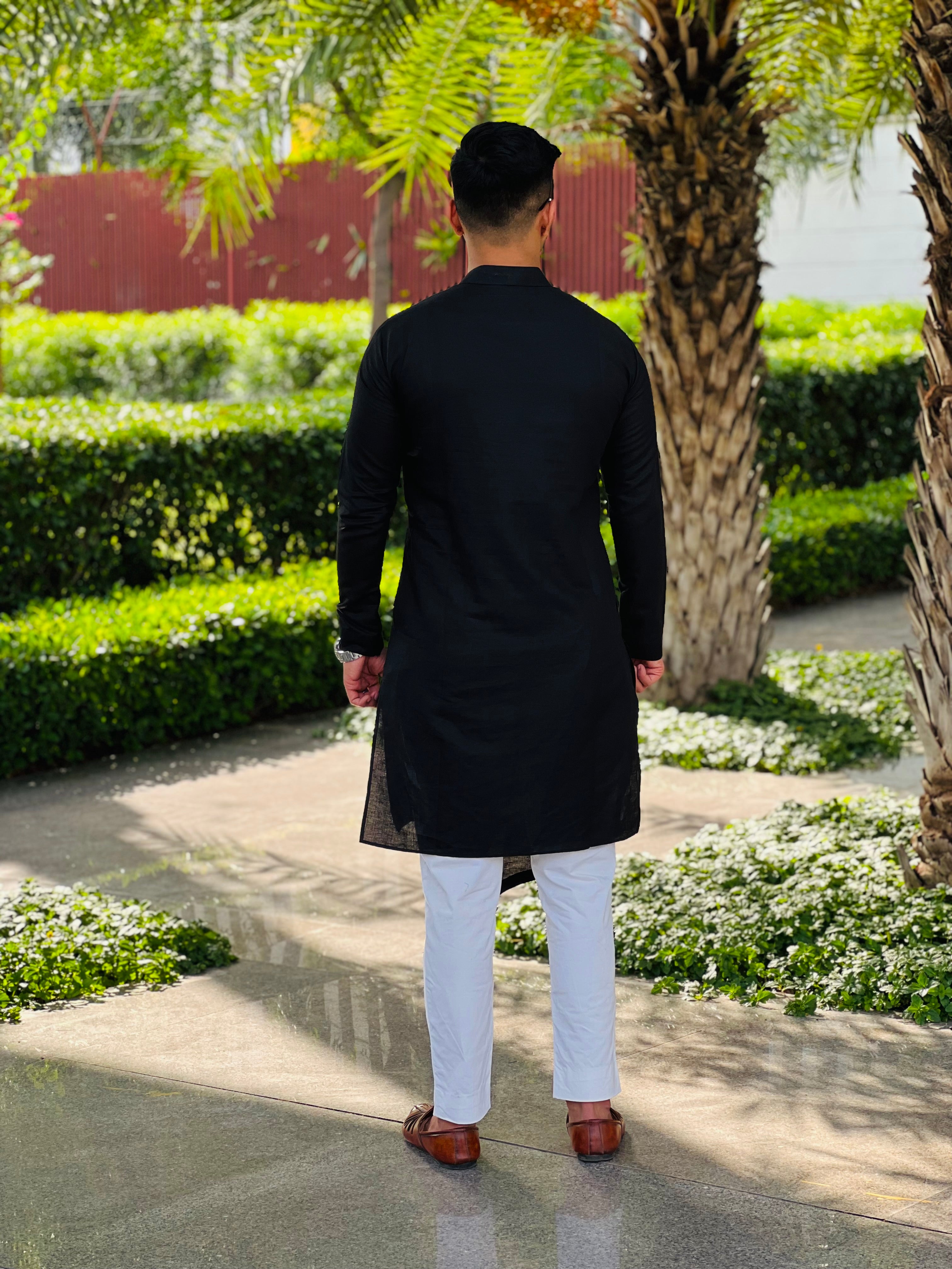 Menswear Black Linen Kurta