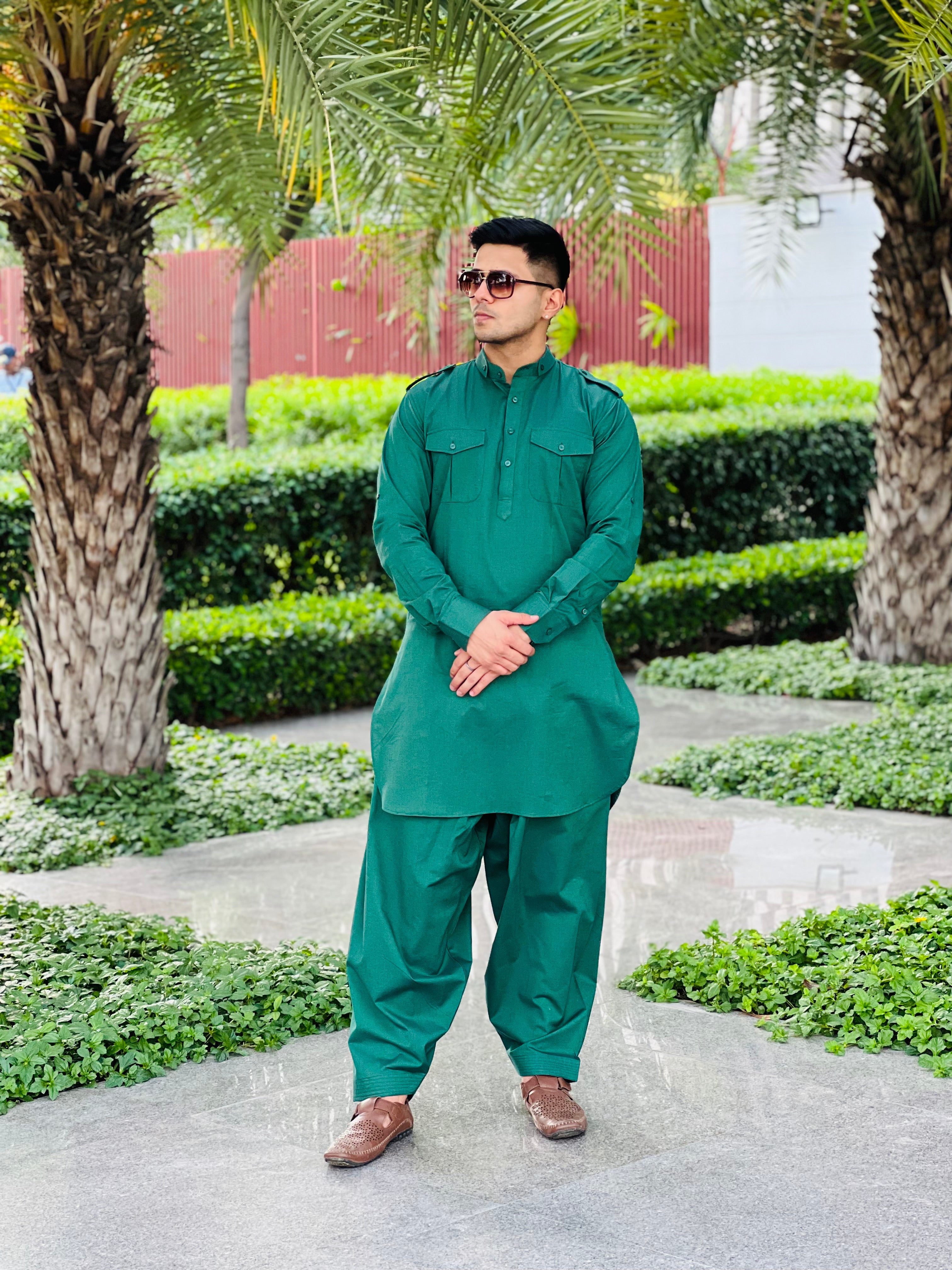 Menswear Green Linen Pathani Set