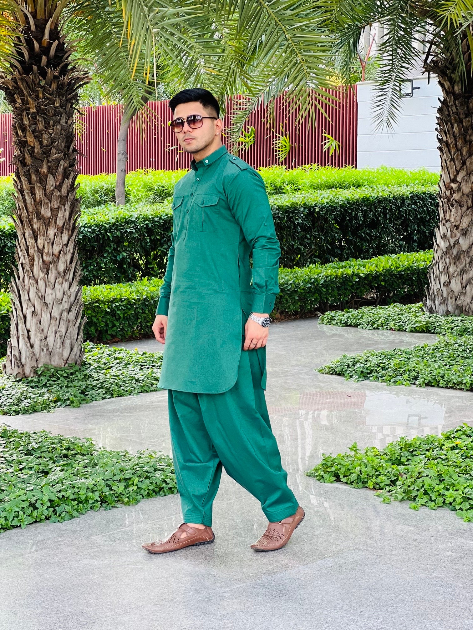 Menswear Green Linen Pathani Set