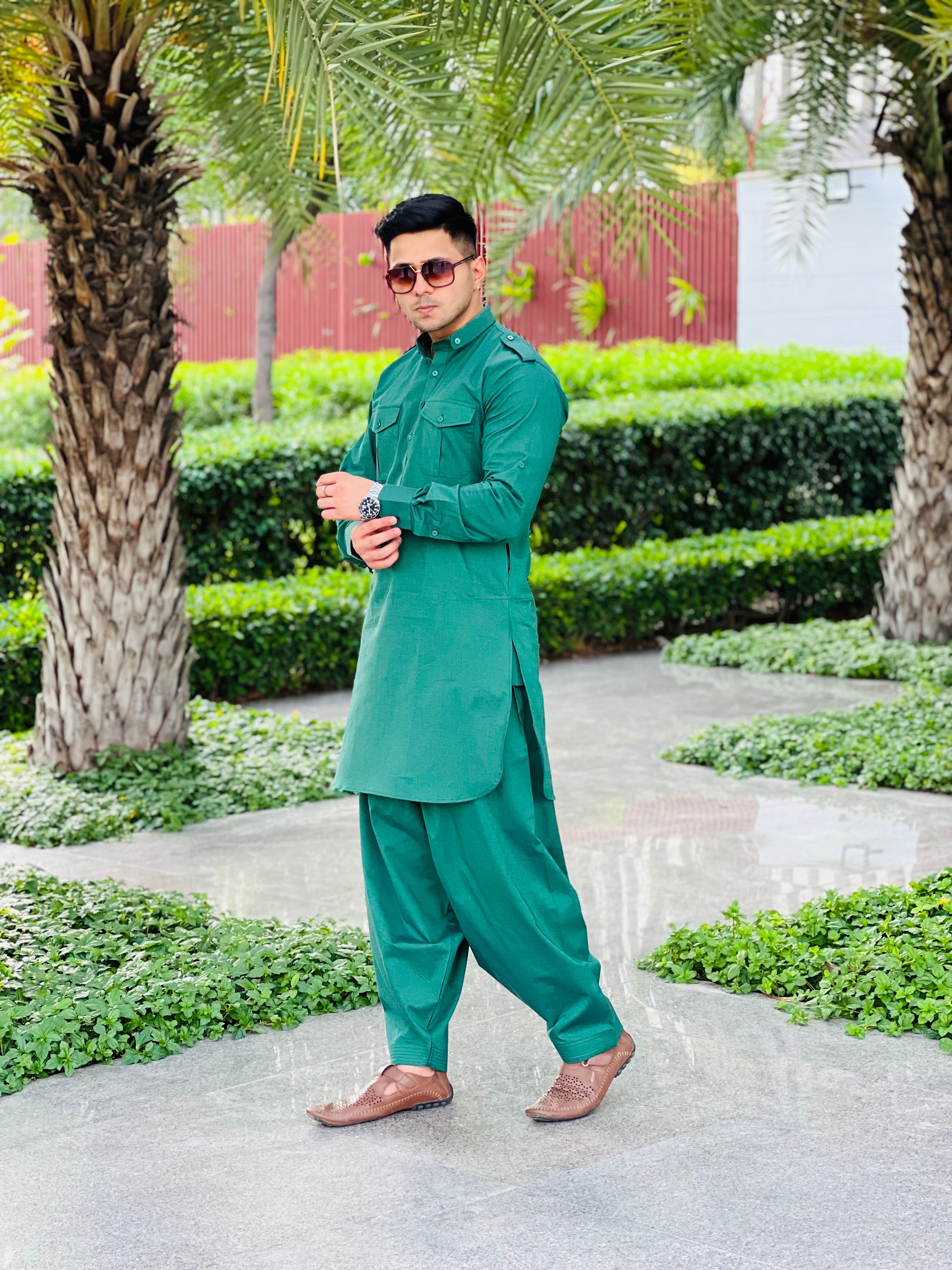 Menswear Green Linen Pathani Set