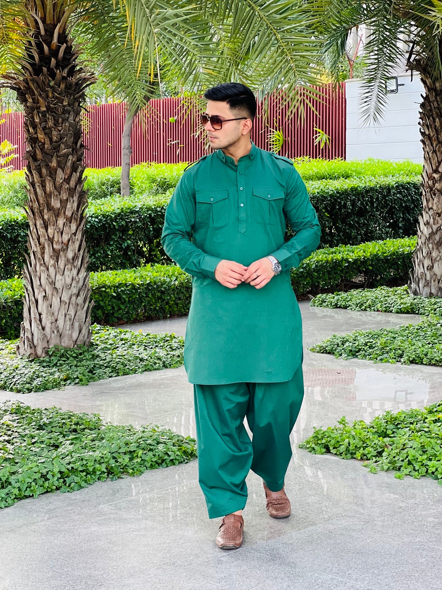 Menswear Green Linen Pathani Set