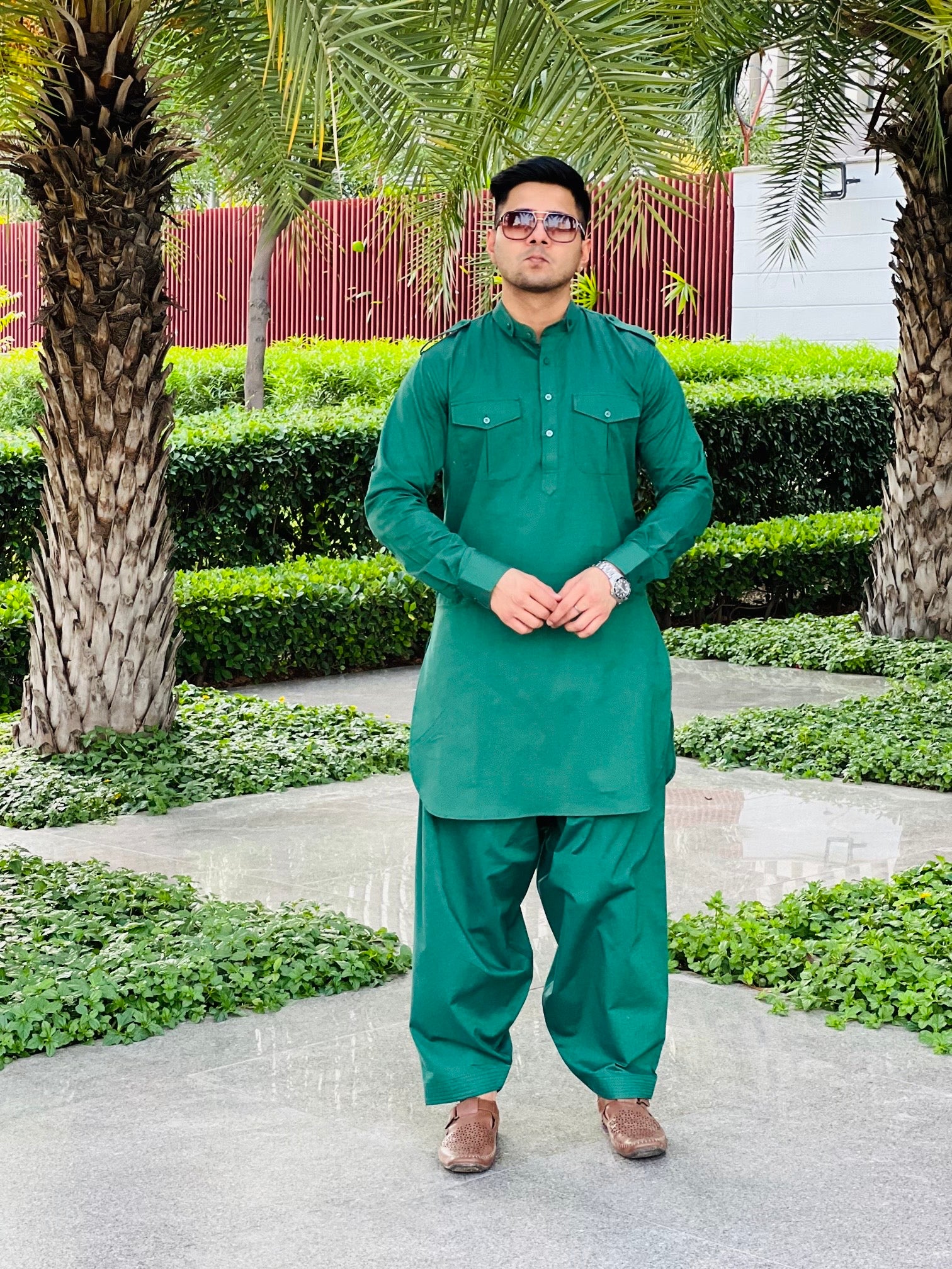 Menswear Green Linen Pathani Set