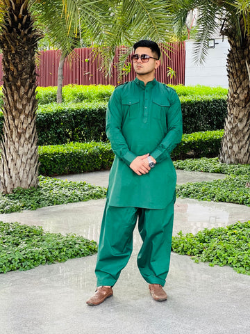 Menswear Green Linen Pathani Set