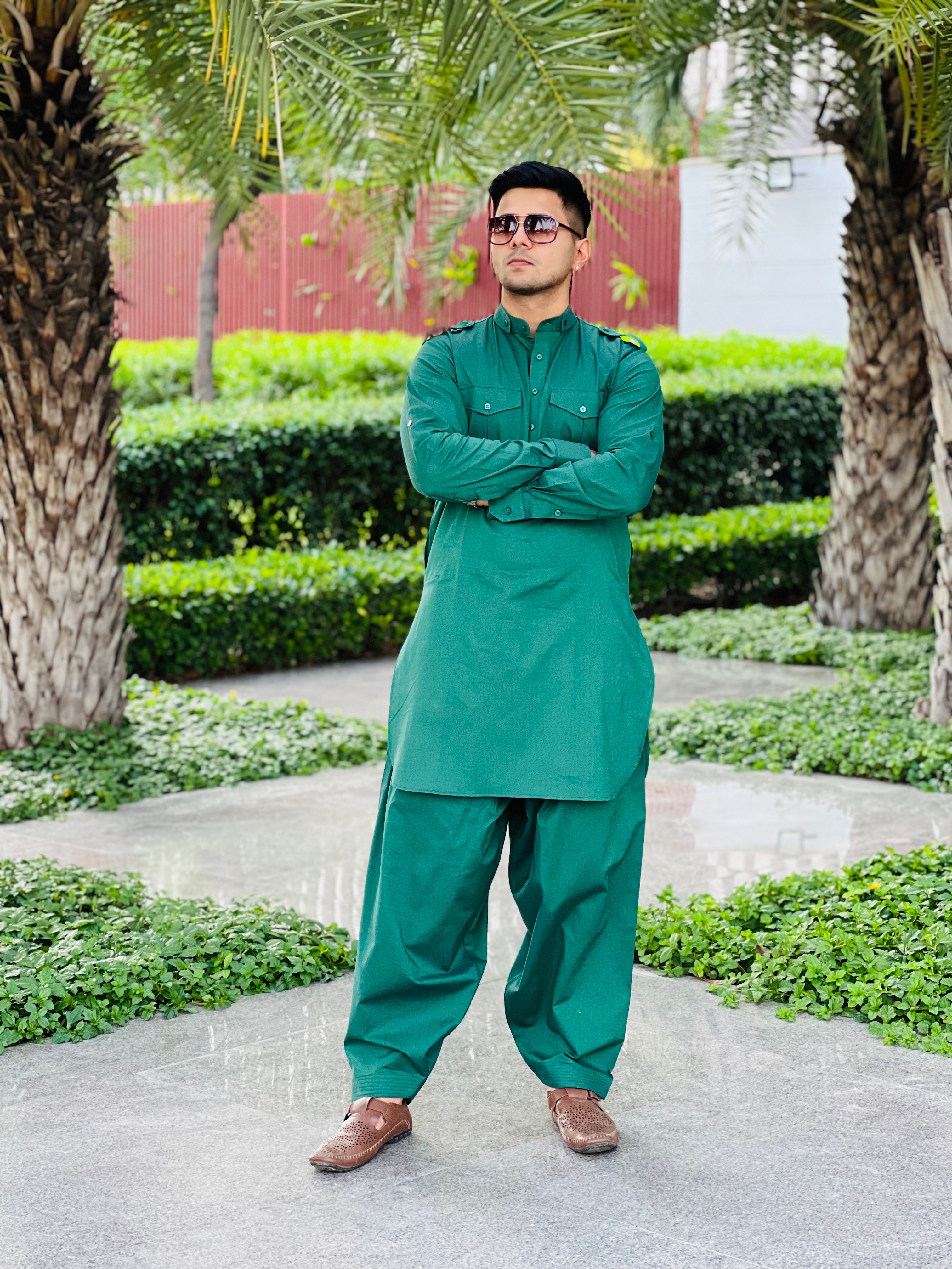 Menswear Green Linen Pathani Set