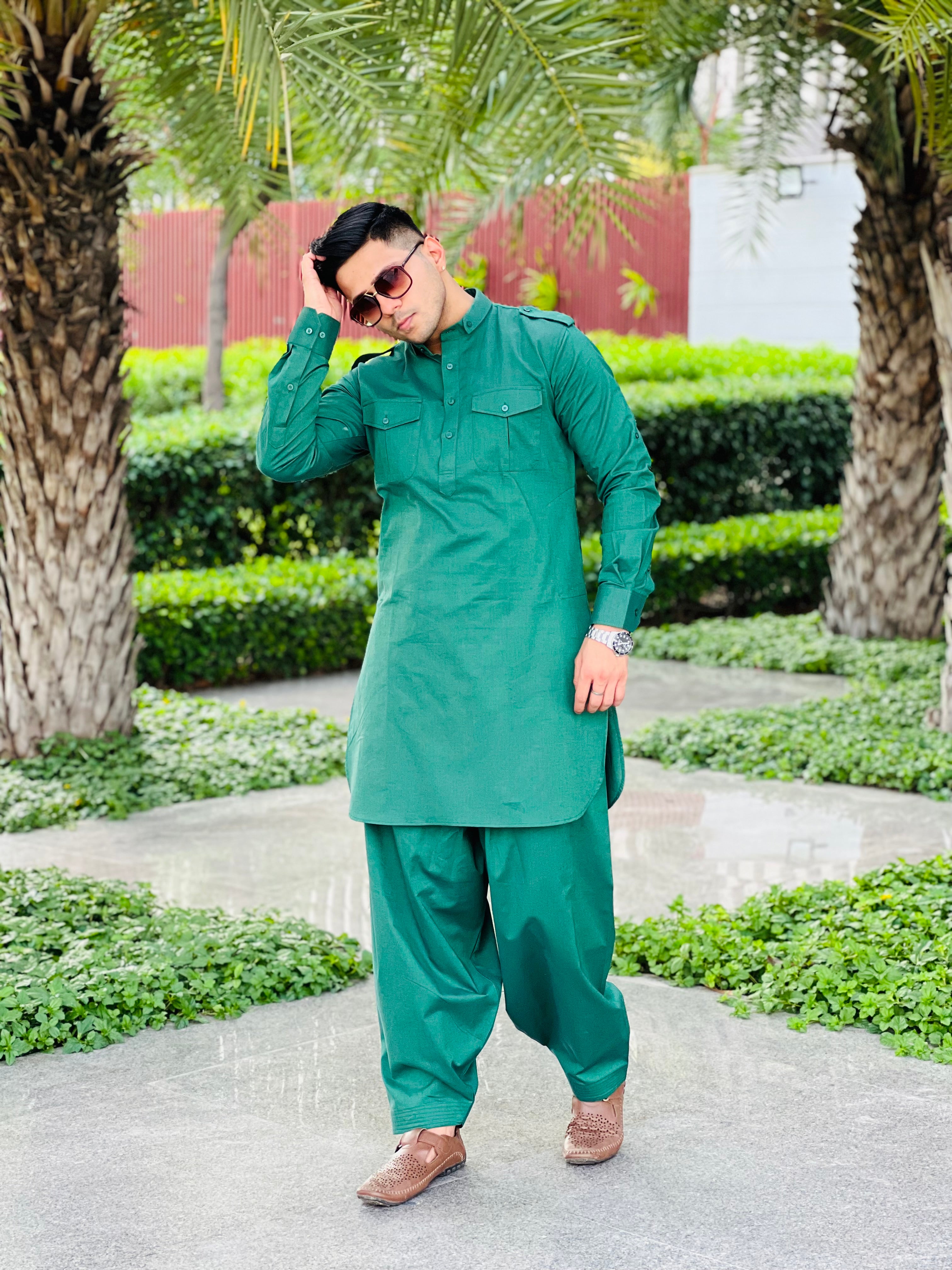 Menswear Green Linen Pathani Set
