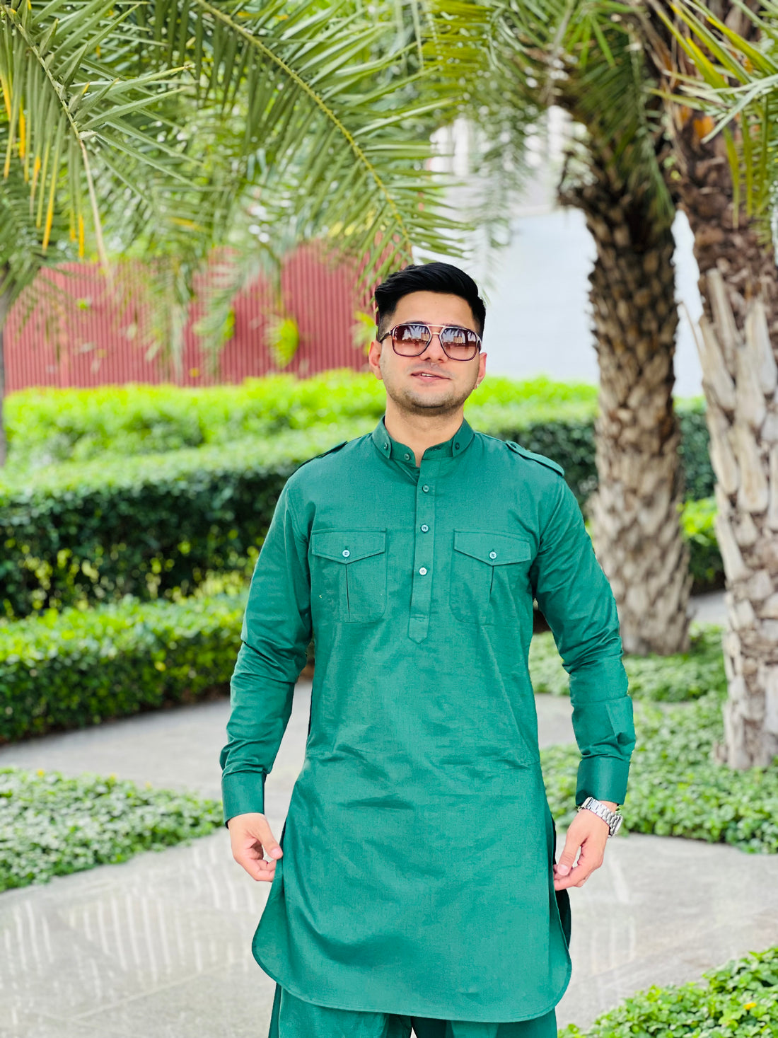 Menswear Green Linen Pathani Set