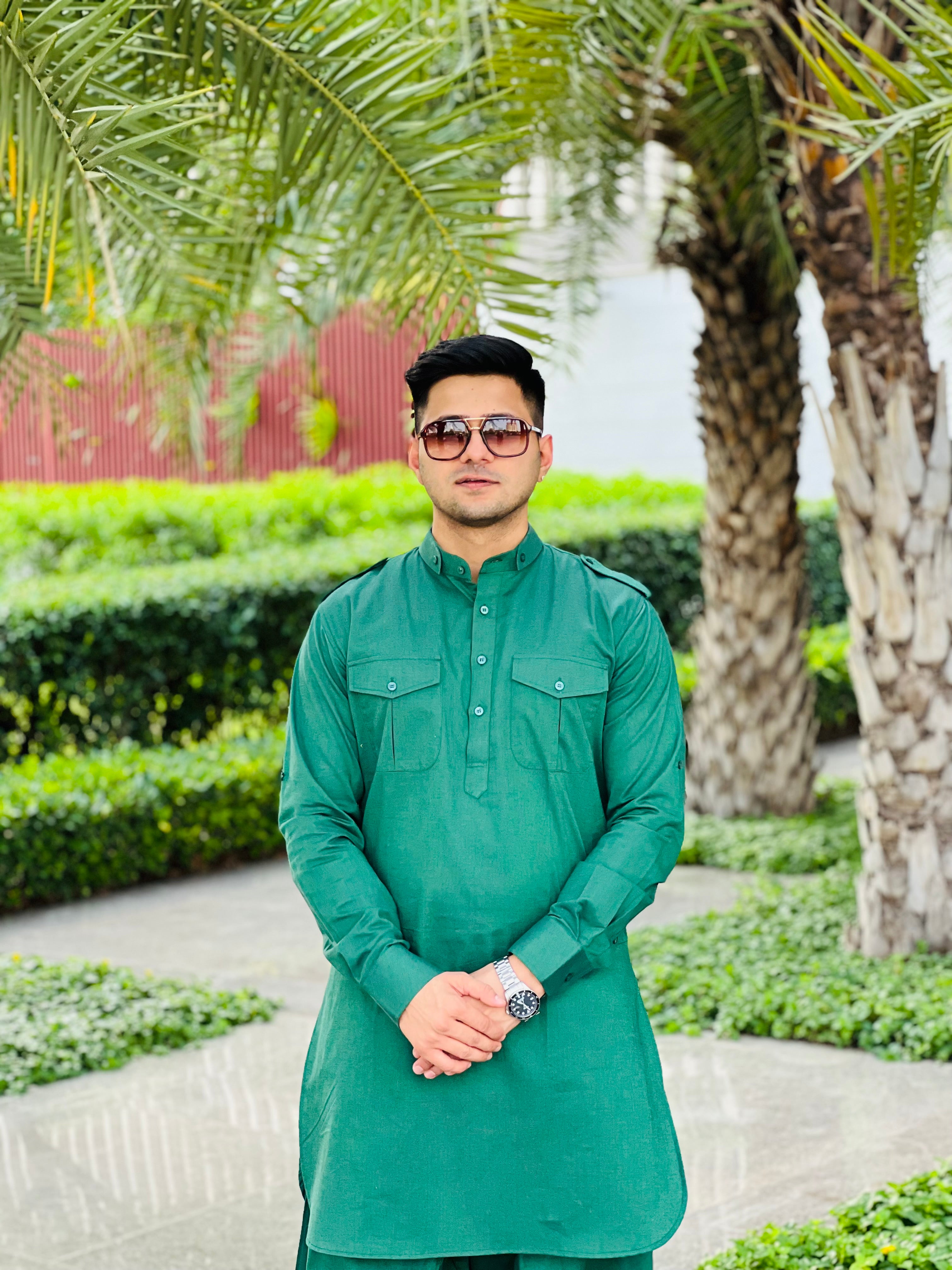 Menswear Green Linen Pathani Set