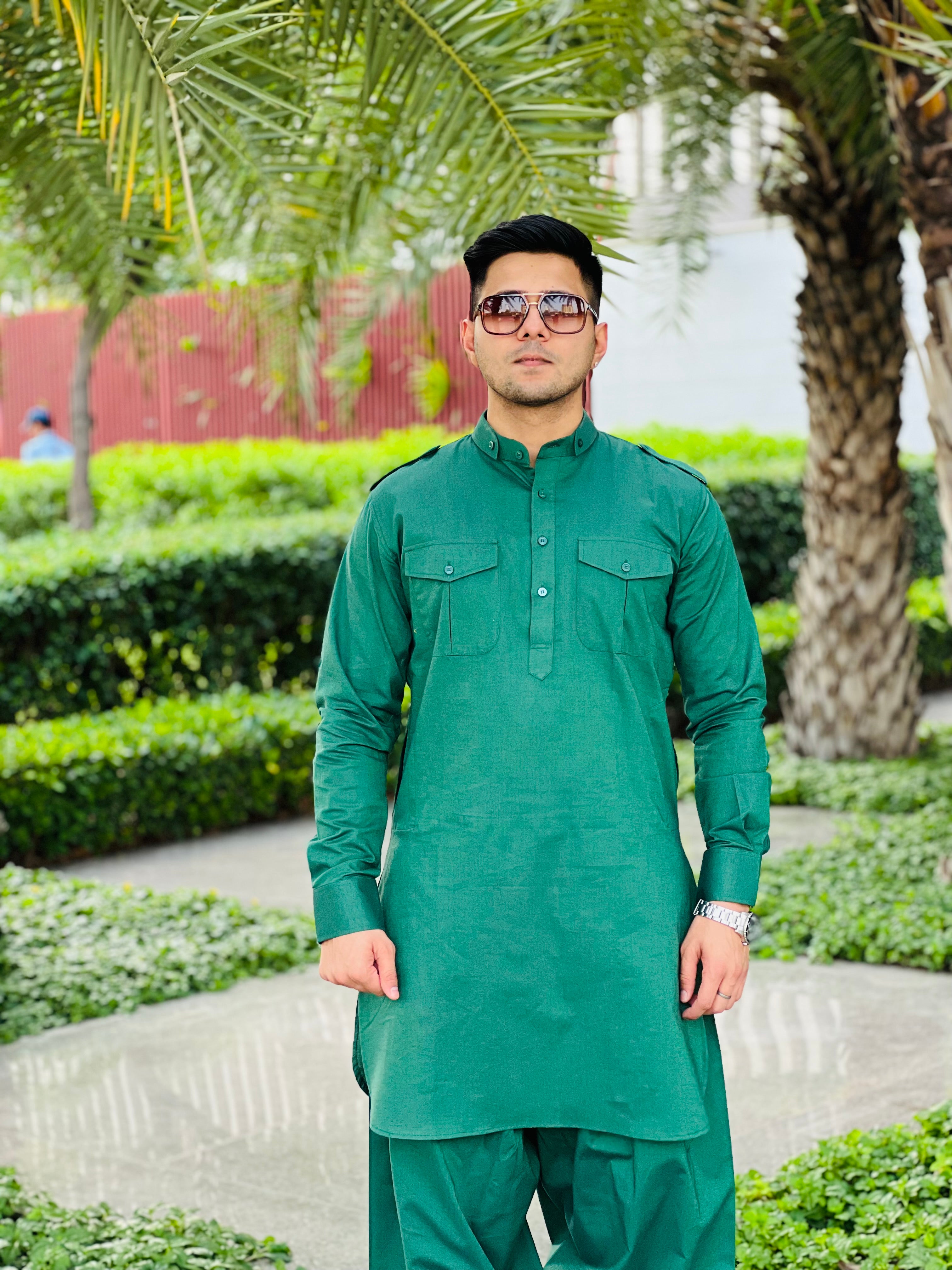 Menswear Green Linen Pathani Set