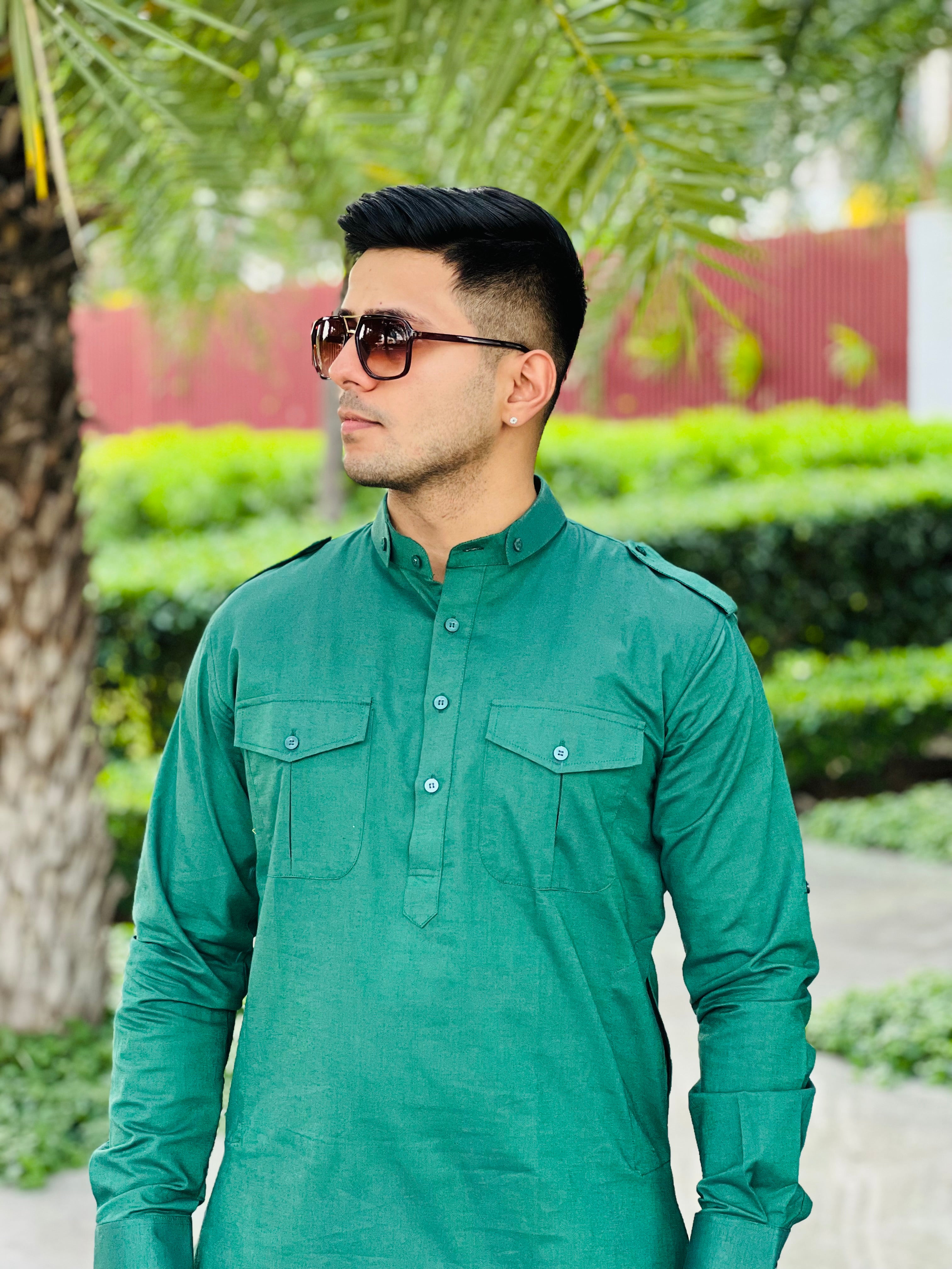 Menswear Green Linen Pathani Set