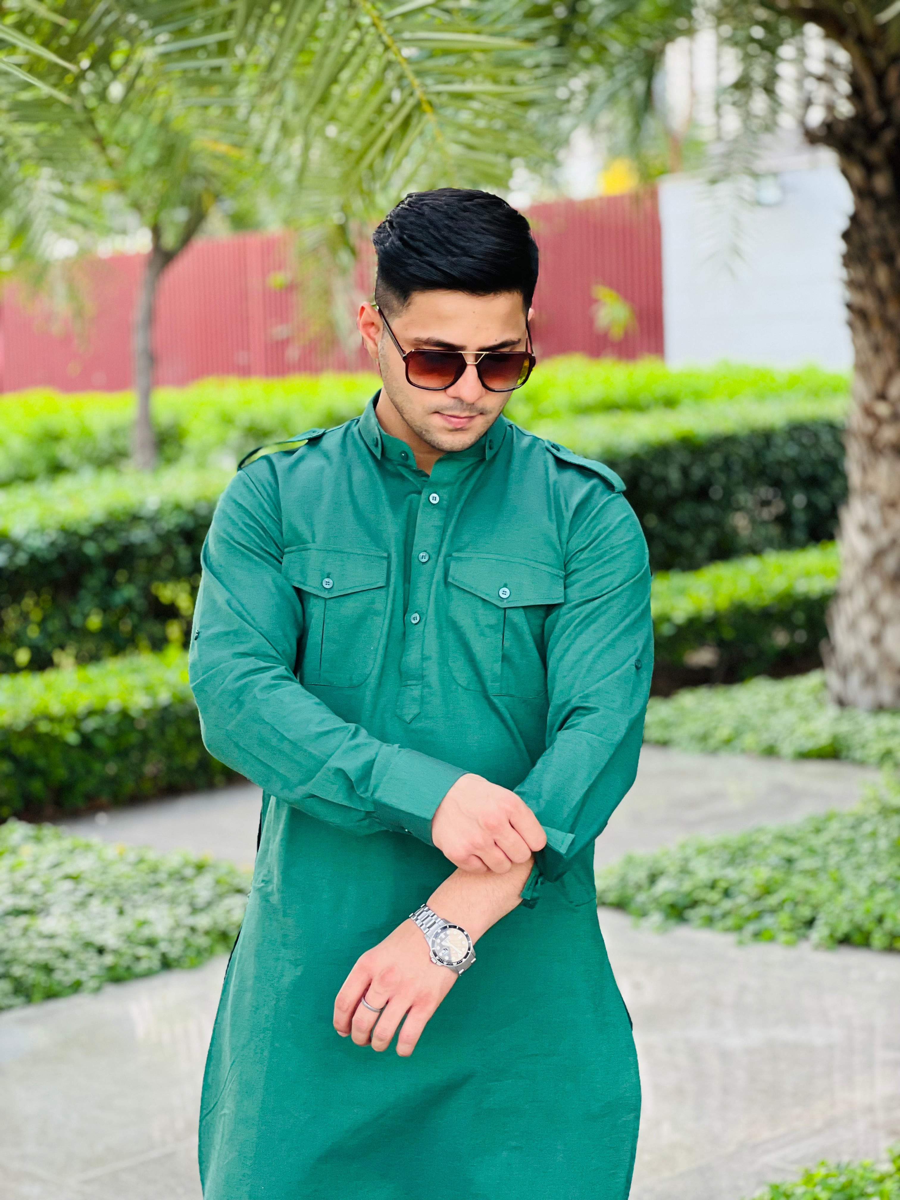 Menswear Green Linen Pathani Set