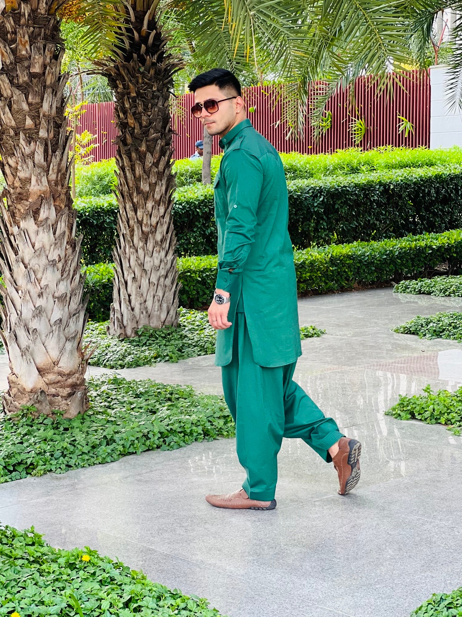Menswear Green Linen Pathani Set