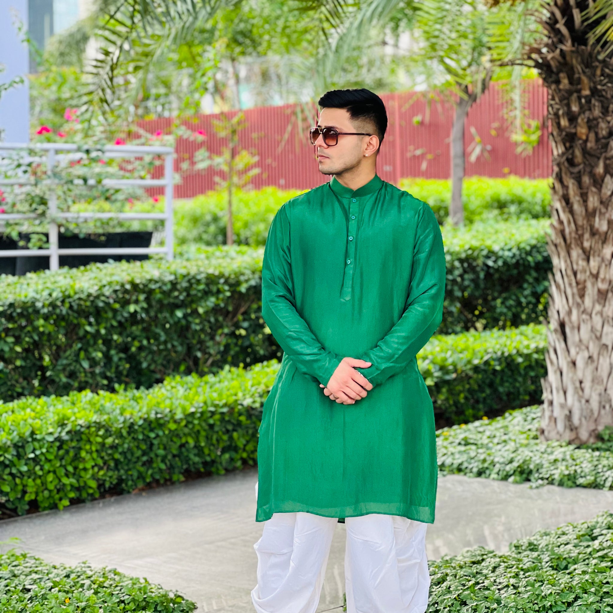 Menswear Green Cotton Silk Kurta