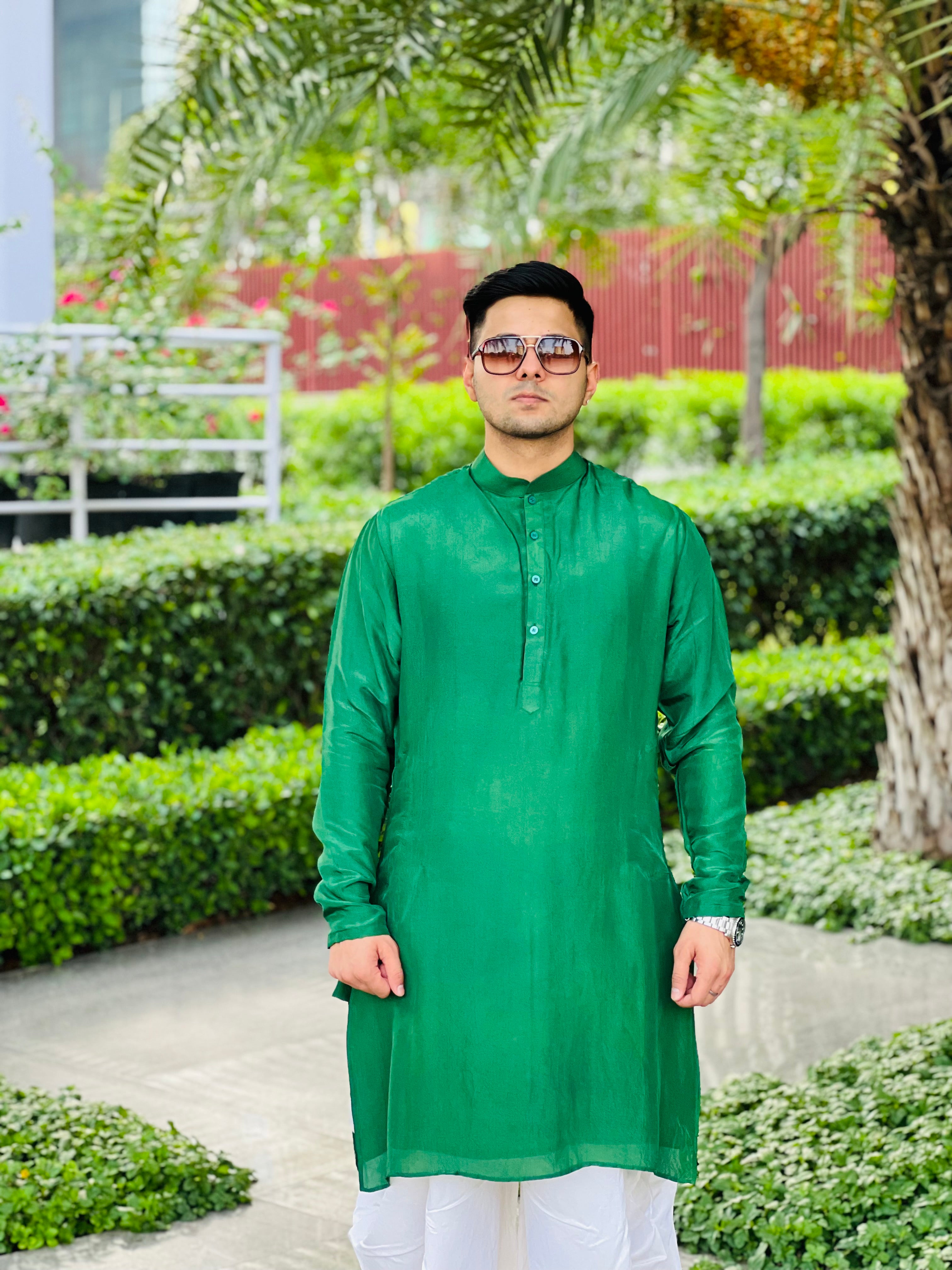 Menswear Green Cotton Silk Kurta