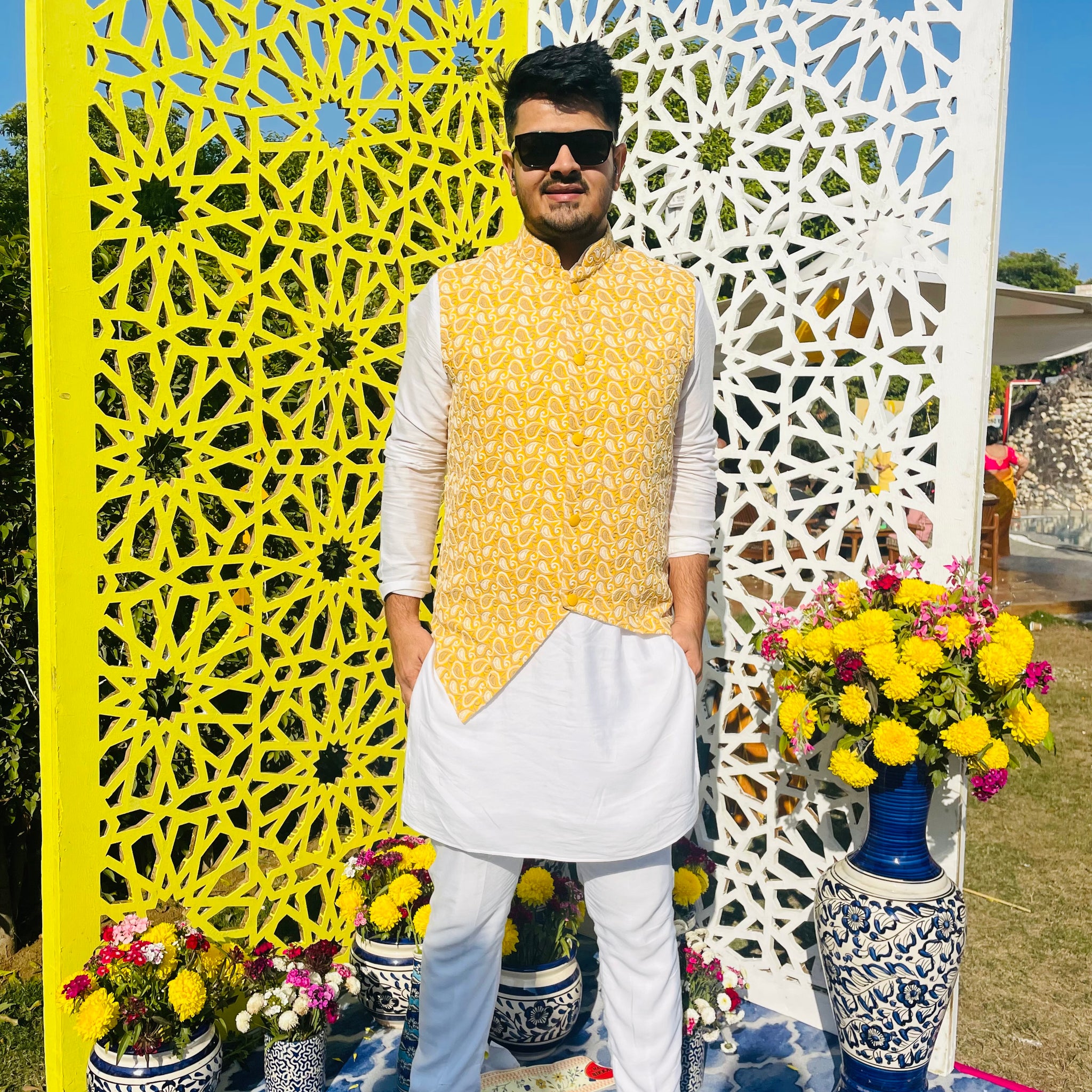 Menswear Yellow Waist Coat & White Kurta Set