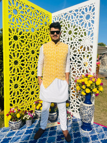 Menswear Yellow Waist Coat & White Kurta Set